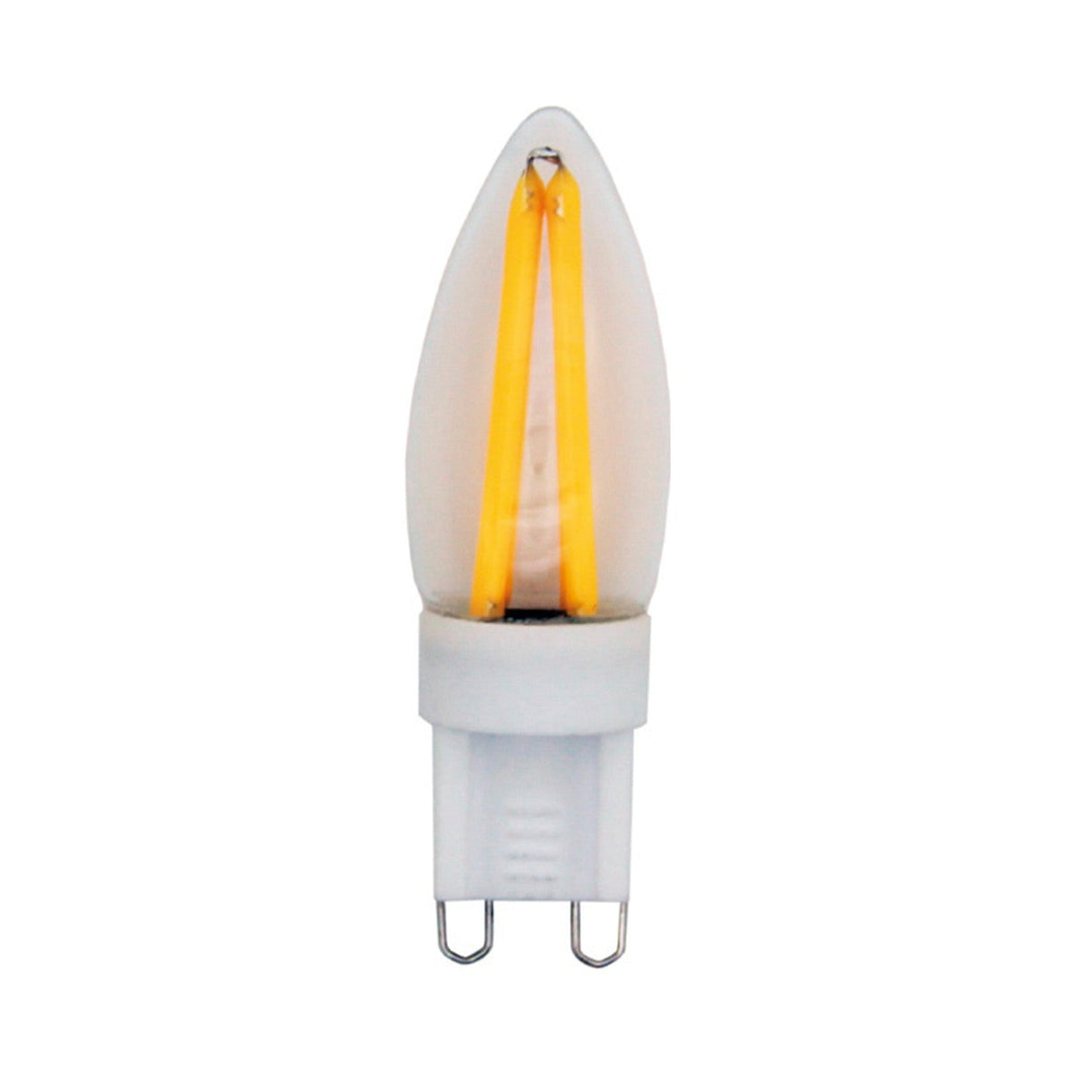 Colors LED Tube Luxe G9 2W Bulb, a candle-shaped LED lamp with frosted glass, visible amber filaments, and a white G9 pin base, shown on a plain white background.