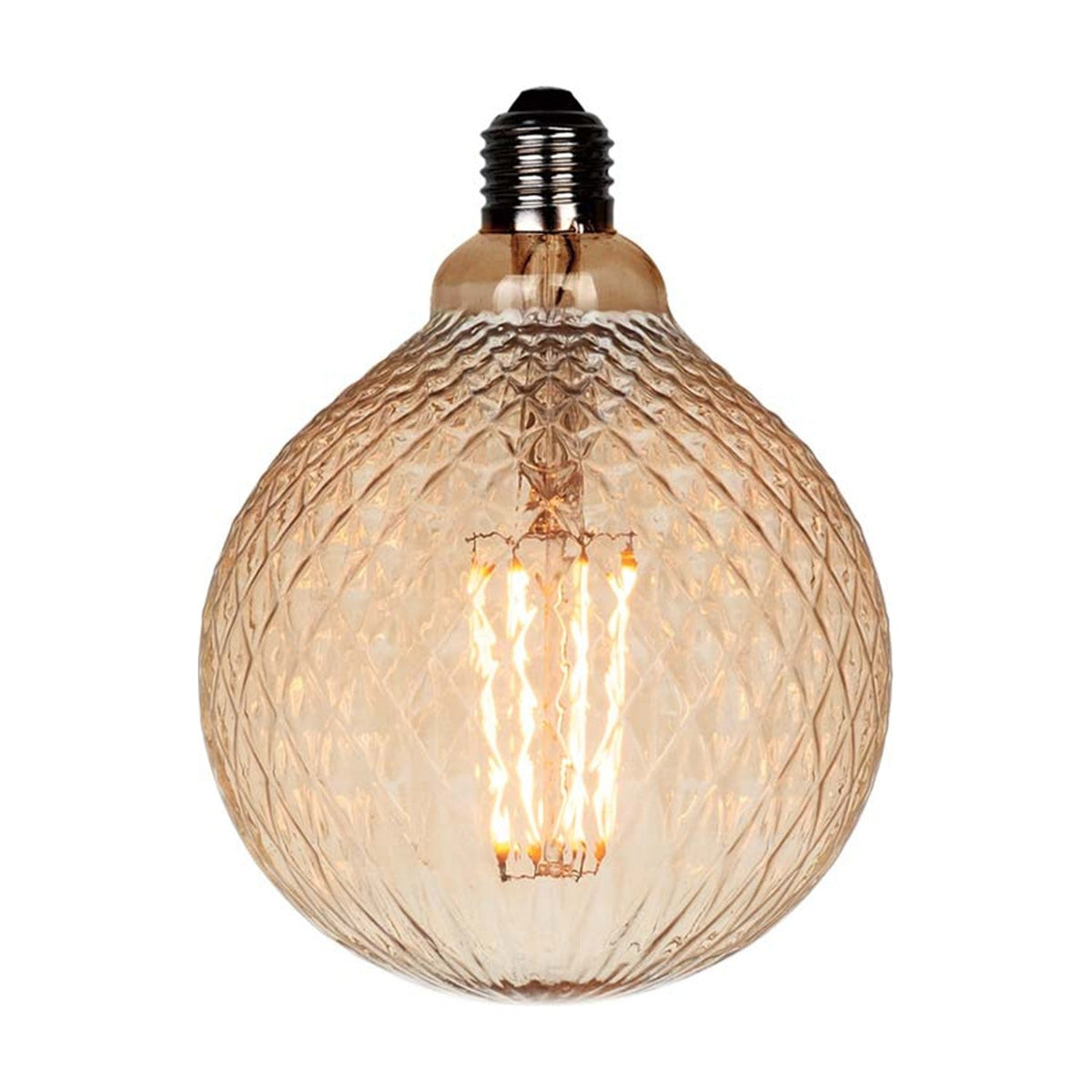 Colors Facet Globe G125 E27 2W bulb with faceted diamond-textured amber glass, visible LED filaments, and a silver E27 cap on a plain white background.
