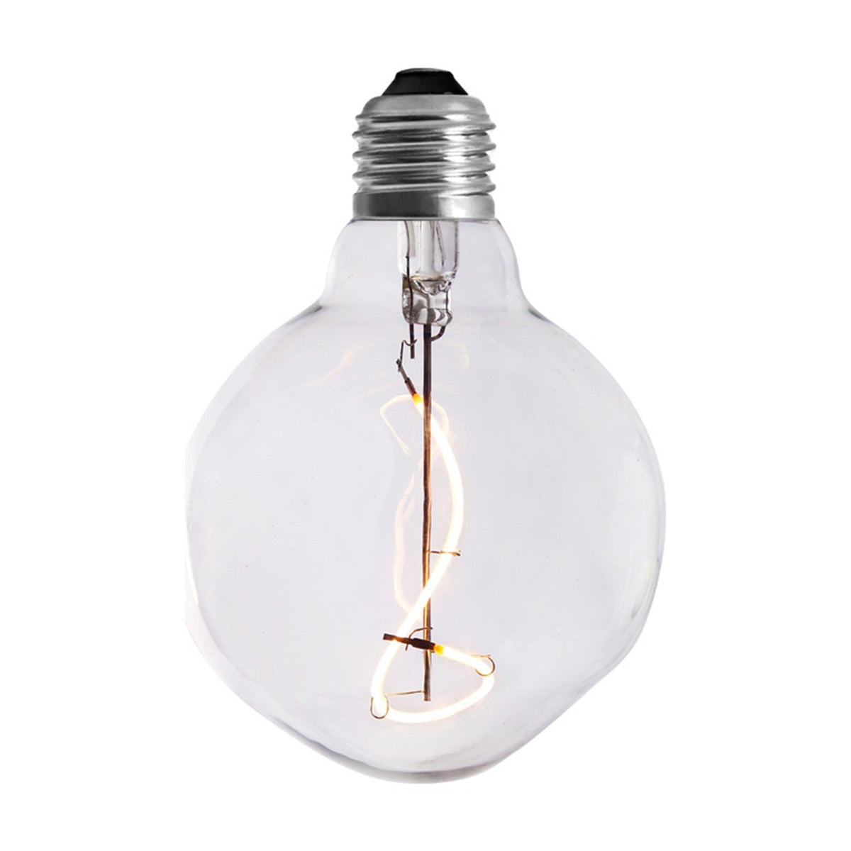 Colors Out Shape LED G95 4W bulb with clear irregular faceted glass, silver E27 screw cap, and a looped filament visible inside, shown on a plain white background.