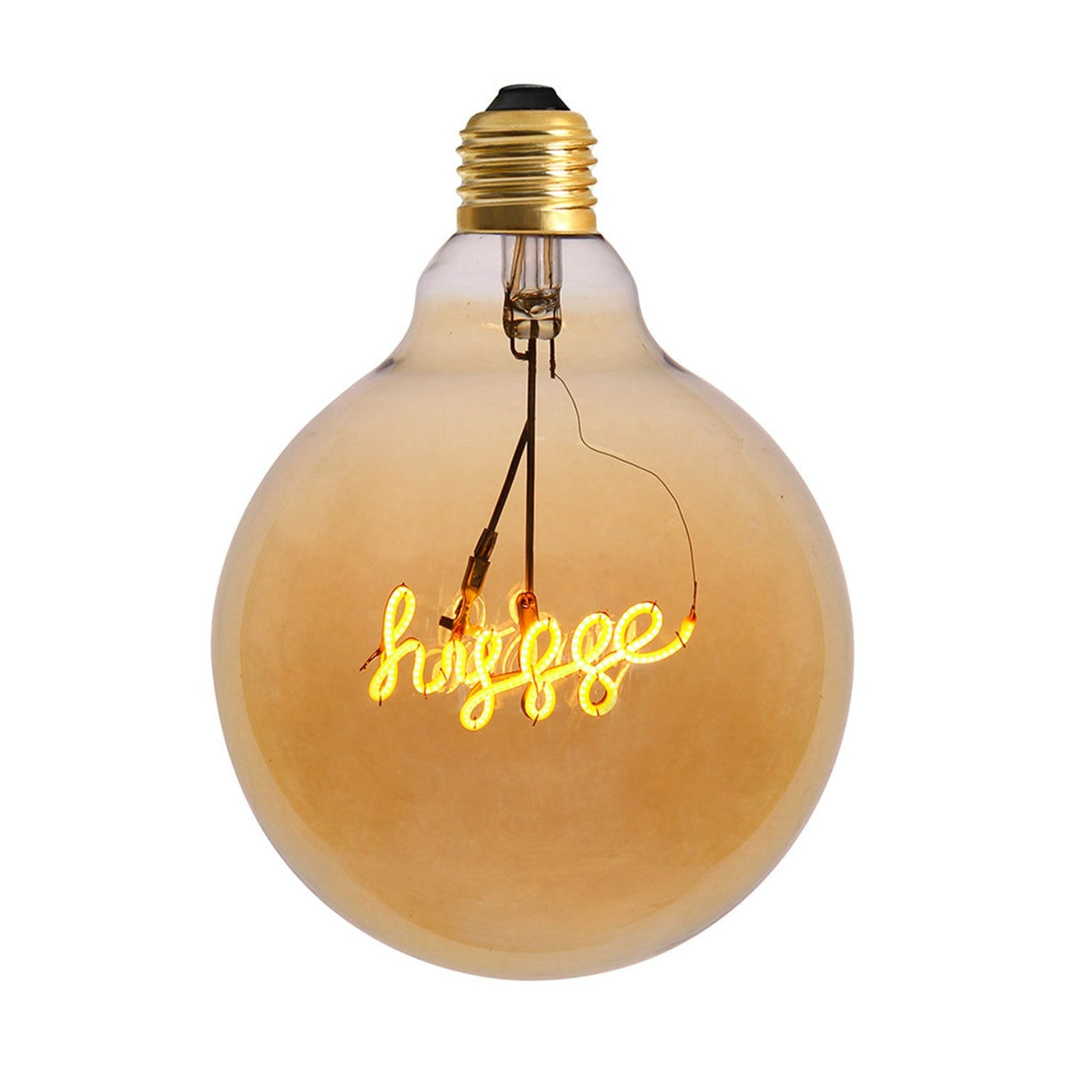 Colors Hygge LED G125 E27 2.5W Bulb, a large round amber glass bulb with brass-coloured screw fitting and a cursive "hygge" filament glowing across the centre, shown on a plain white background.