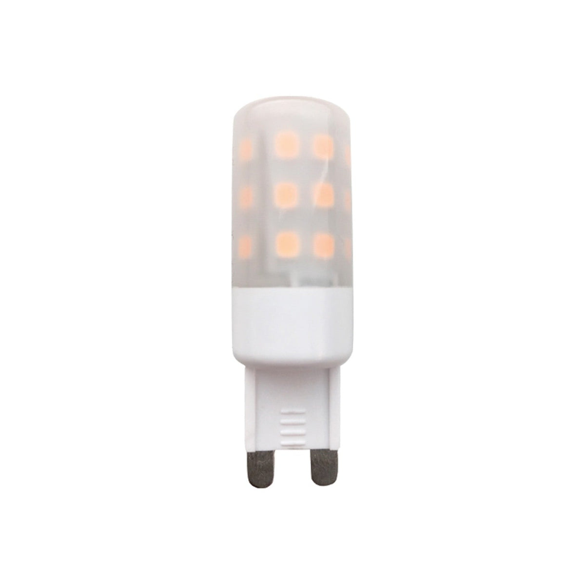 Colors G9 5W 3-Step Bulb with frosted white glass capsule showing rows of LED diodes, white ribbed base and twin flat pins, shown on a plain white background.