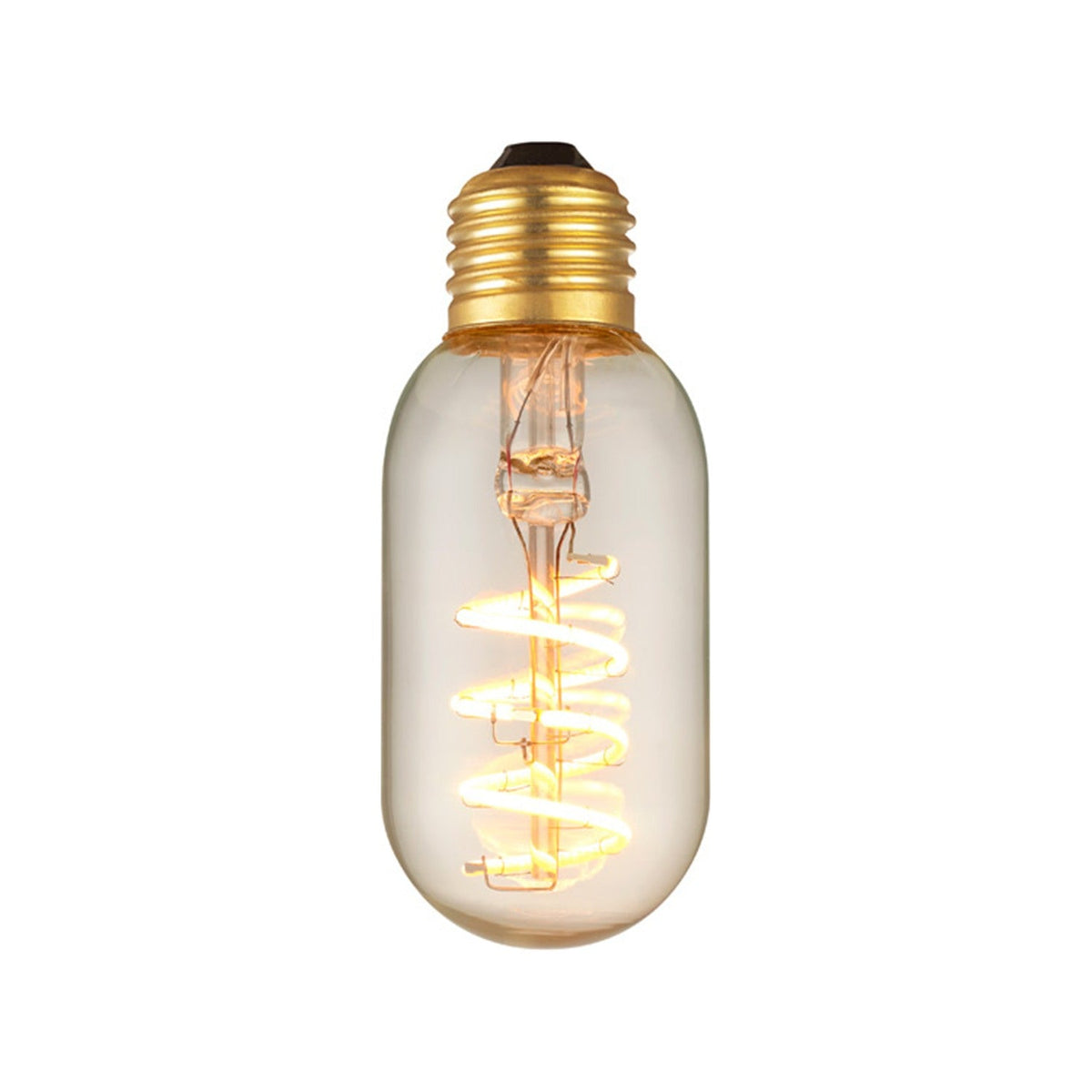 Colors Original LED Compact E27 2W Bulb with brass-coloured screw cap and amber glass tube, showing a lit spiral filament, on a plain white background.