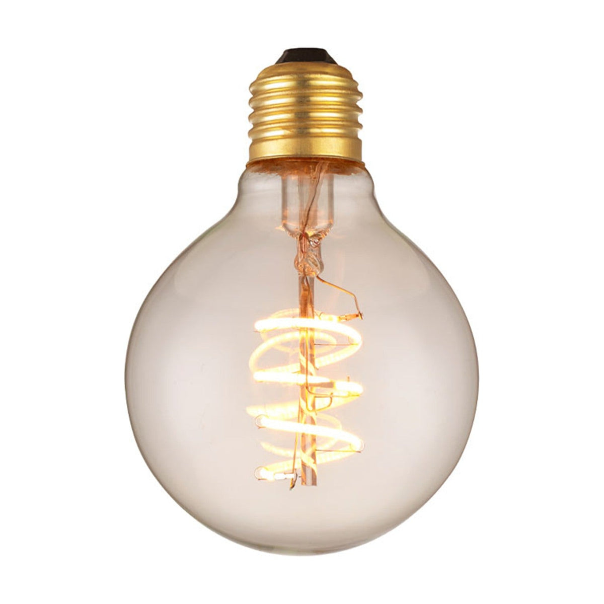 Colors Original LED Mini-Globe E27 2W bulb in clear glass with a brass E27 fitting and a spiral filament visible inside, shown on a plain white background.