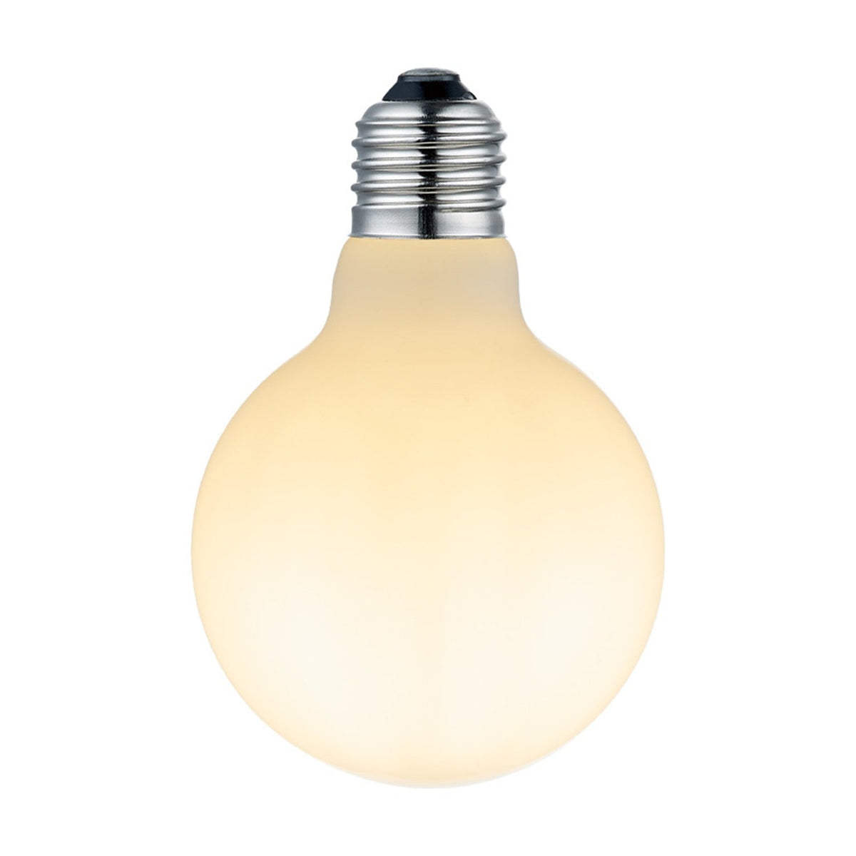 Colors Mini Globe G80 E27 6.5W Bulb in opal white glass with a silver screw cap, shown on a plain white background.