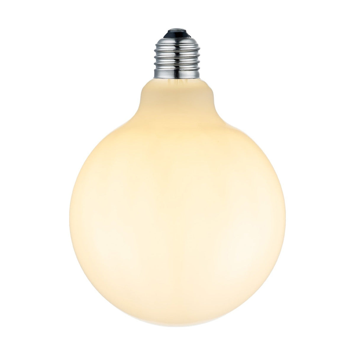 Colors Globe G125 E27 bulb in opal white glass, large round sphere with an even matte glow and a silver screw cap, shown on a plain white background.