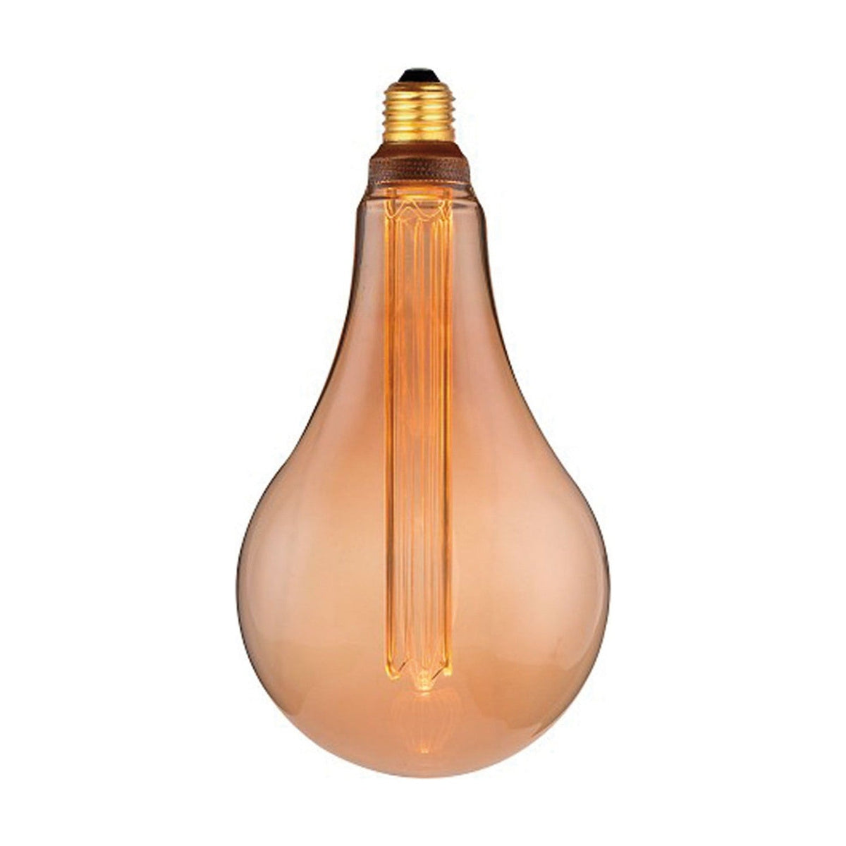 Colors LED XL G165 E27 5W Dimmable Bulb, a large teardrop amber glass bulb with a tall vertical filament column, dark collar, and brass-coloured E27 screw cap, shown on a plain white background.