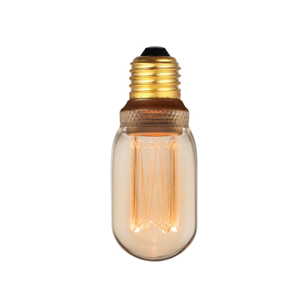 Colors LED Compact E27 5W Dimmable Bulb, tube-shaped amber glass bulb with rounded ends and a tall ridged filament column, brass-coloured E27 screw cap, on a plain white background.