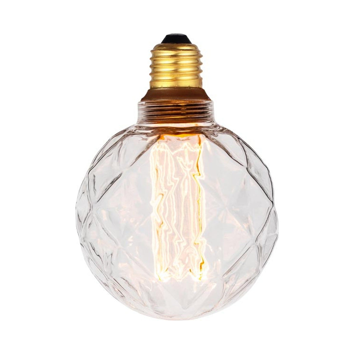 Colors LED Facet Mini Globe E27 Dimmable bulb with clear faceted glass sphere, brass fitting, and visible tall filament, shown lit against a plain white background.