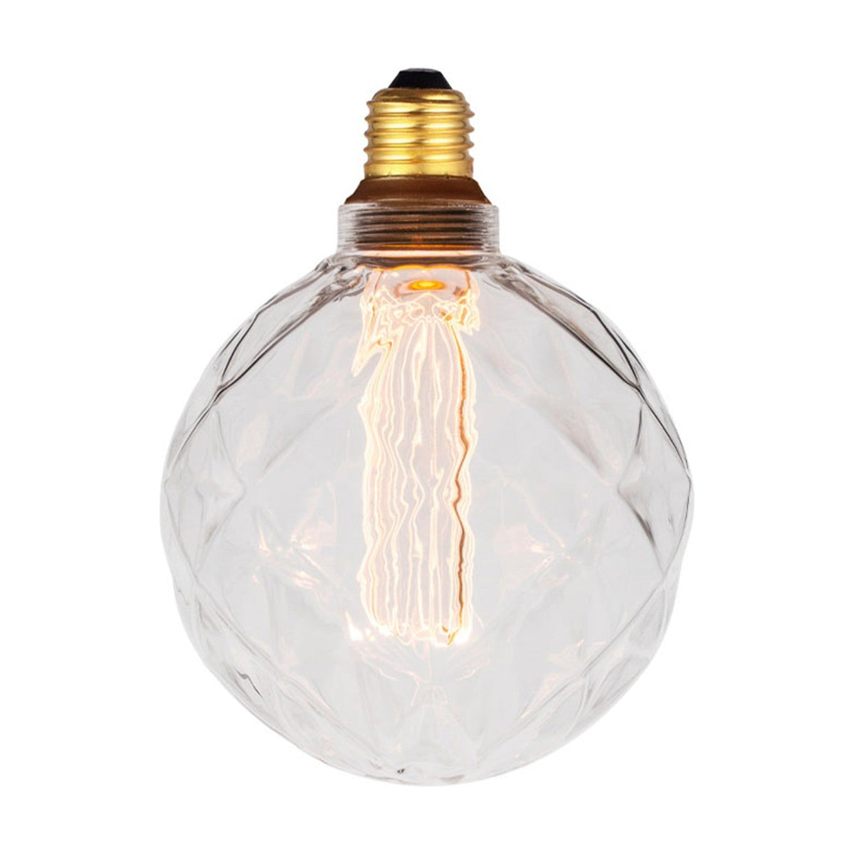 Colors LED Facet Globe E27 dimmable 3-step bulb with faceted crystal-like clear glass, visible filament, and brass fitting, shown on a white background.
