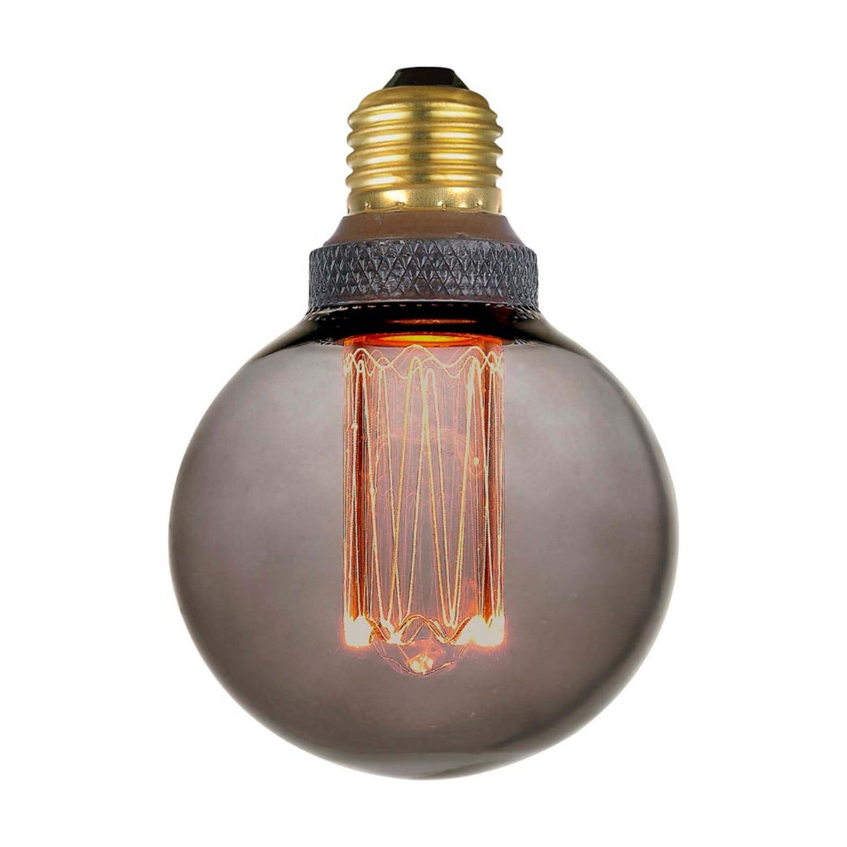 Colors LED Mini Globe G80 Dimmable bulb in smoke glass with E27 brass fitting and tall vertical filament column, shown lit against a plain white background.