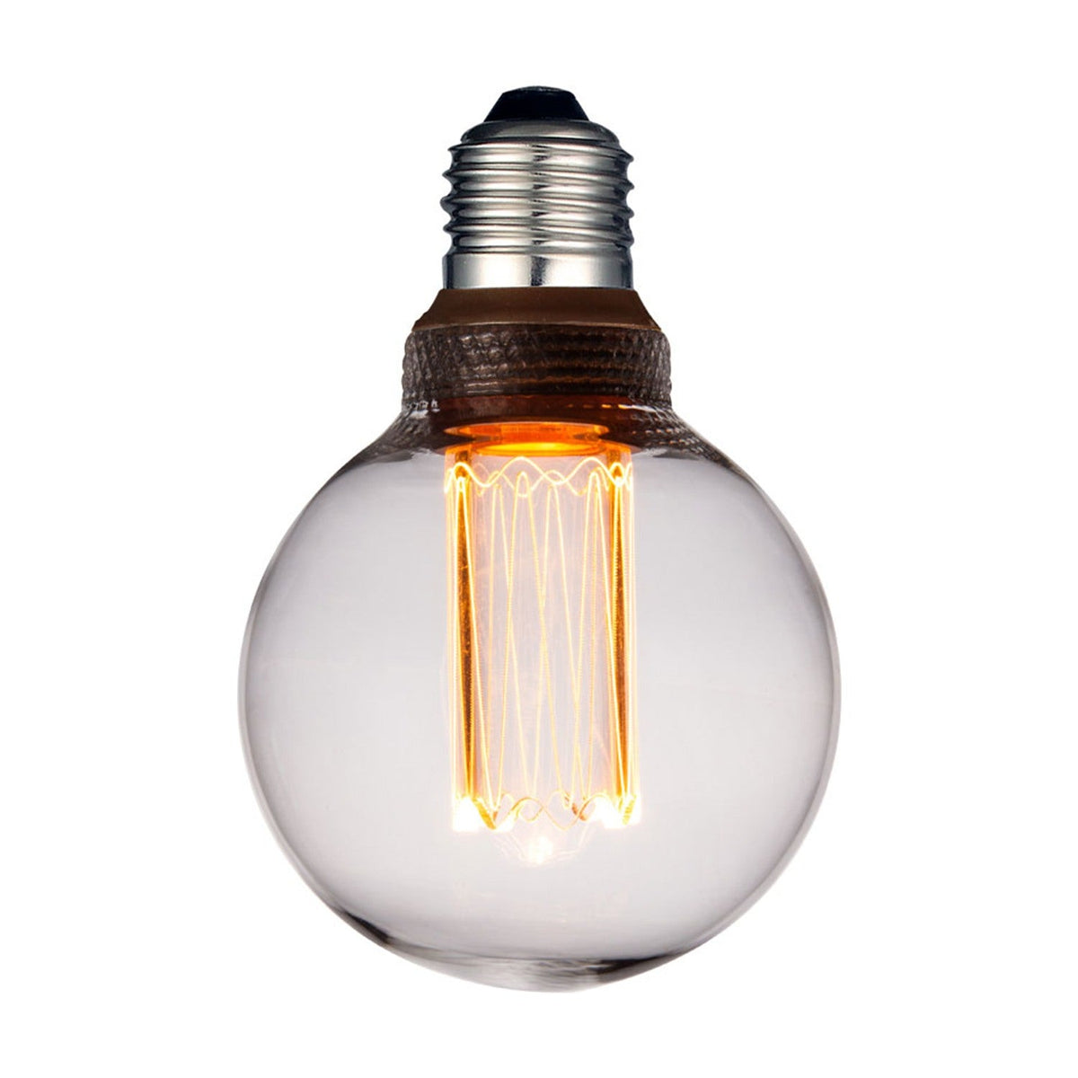 Colors LED Mini Globe BLITZ Dimmable bulb with clear glass globe, visible vertical filament column, silver E27 screw cap, and dark collar, shown on a plain white background.