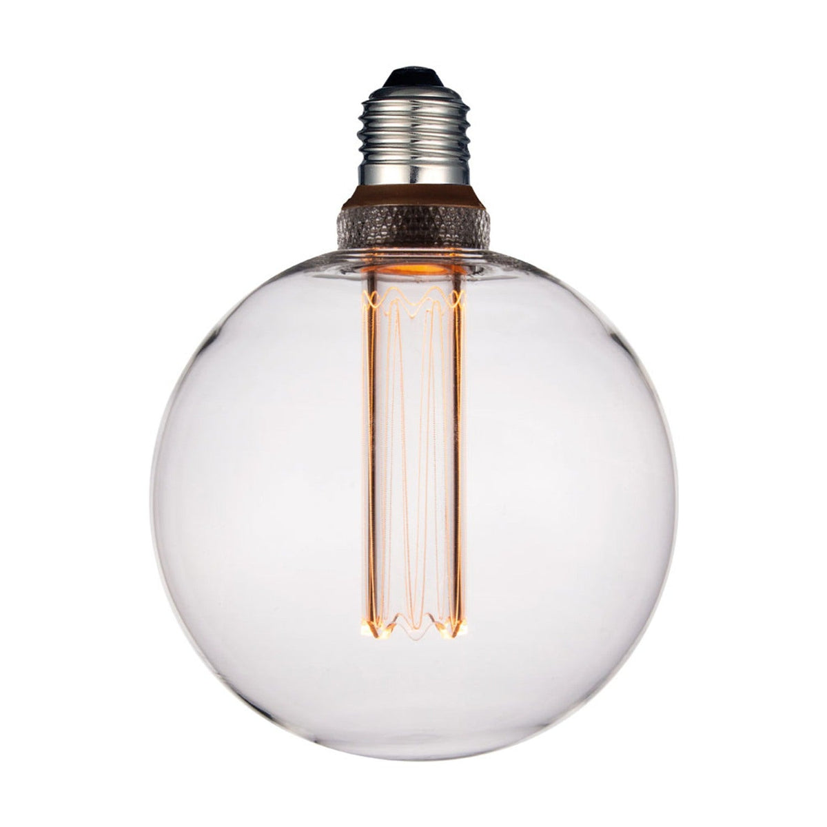 Colors LED Globe BLITZ G125 Dimmable 3-Step Bulb with clear glass sphere, E27 fitting, and tall vertical filament visible inside, shown on a white background.