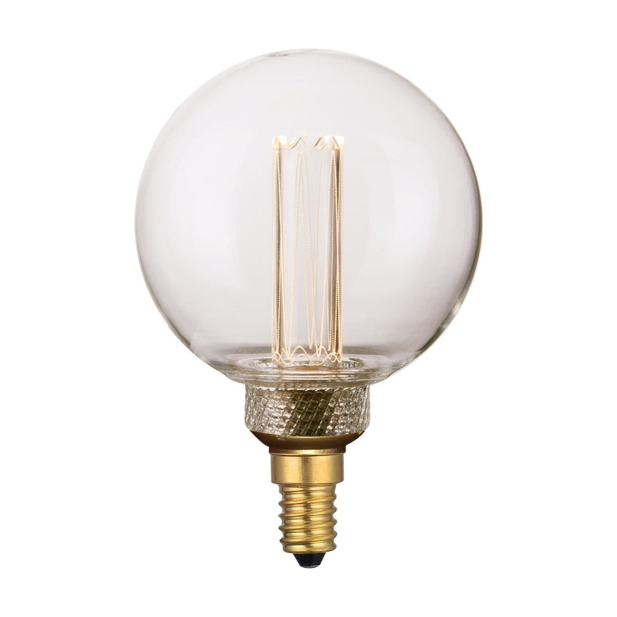 Colors LED Mini Globe Blitz E14 dimmable bulb with clear round glass, visible vertical filament column, and brass screw cap, shown on a plain white background.
