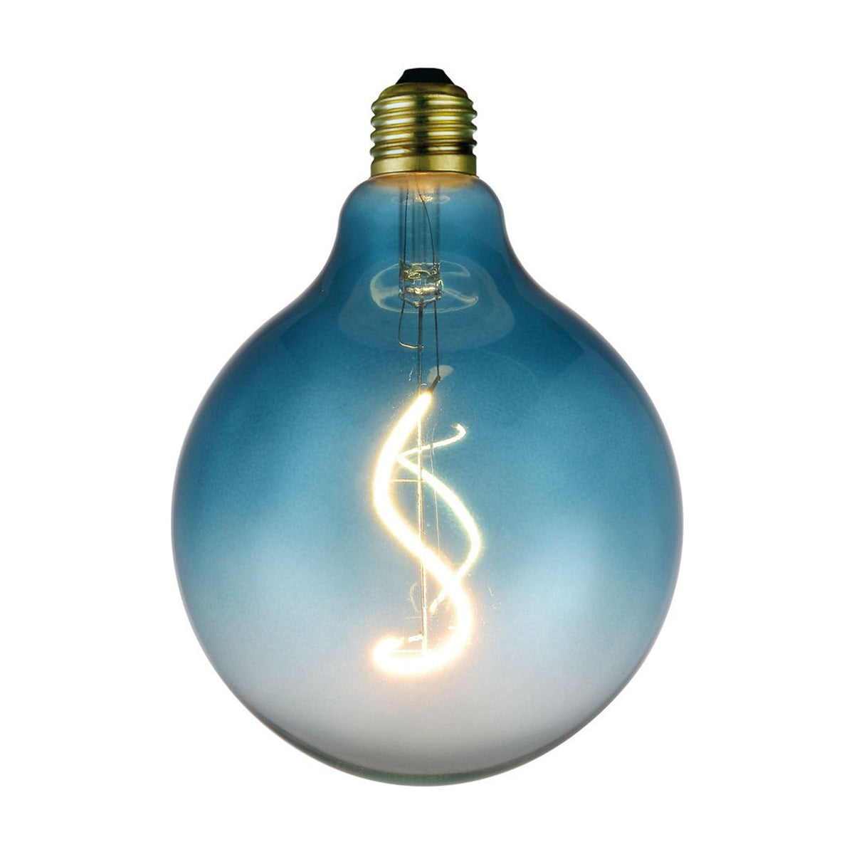 Blue glass G125 LED bulb with E27 brass screw fitting, gradient from deep teal crown to frosted white base, and warm S-shaped filament, on white background.