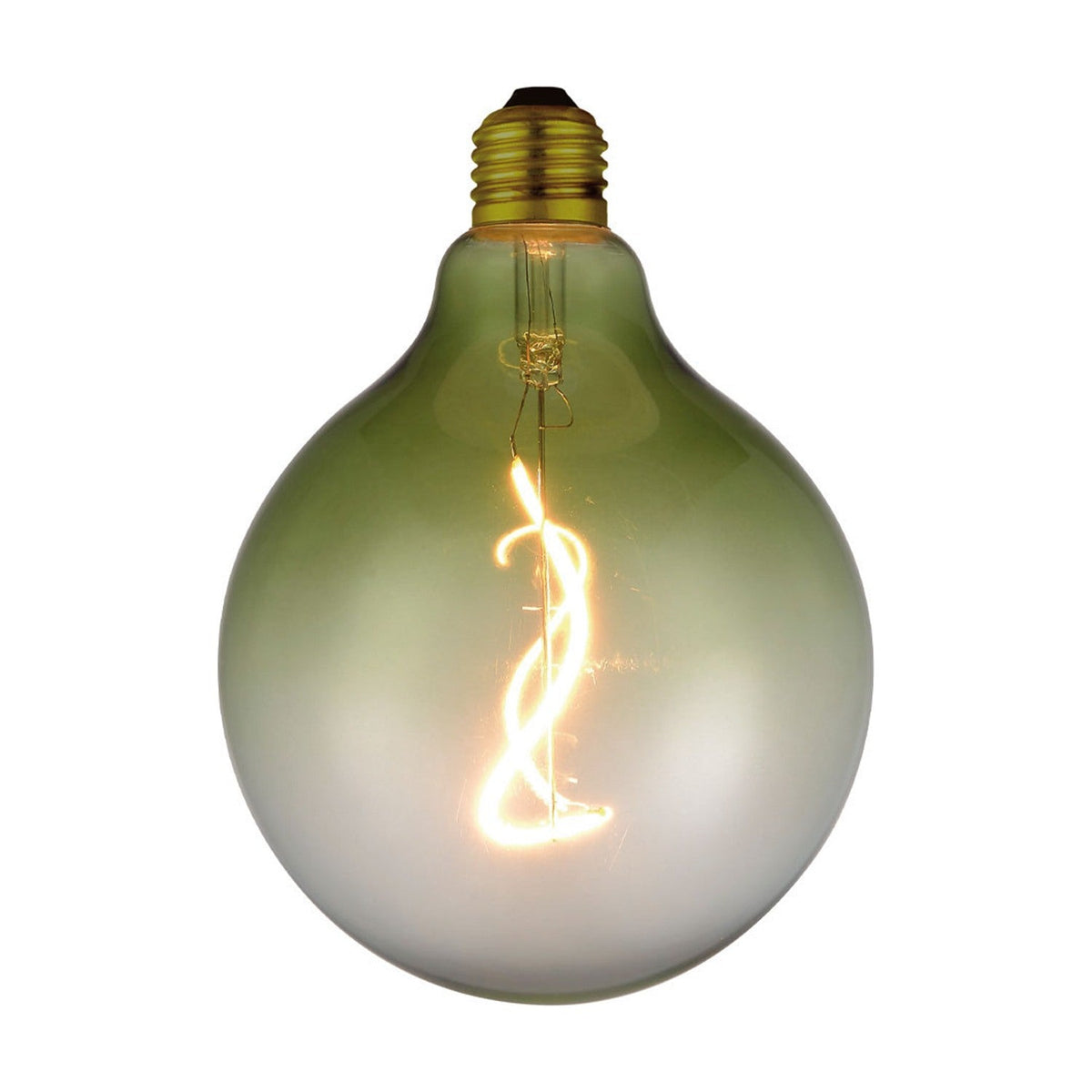 Colors Soft LED G125 3-Step Bulb in green, a large round E27 bulb with glass fading from bottle green at the crown to frosted white, brass fitting and S-shaped filament, shown on a white background.