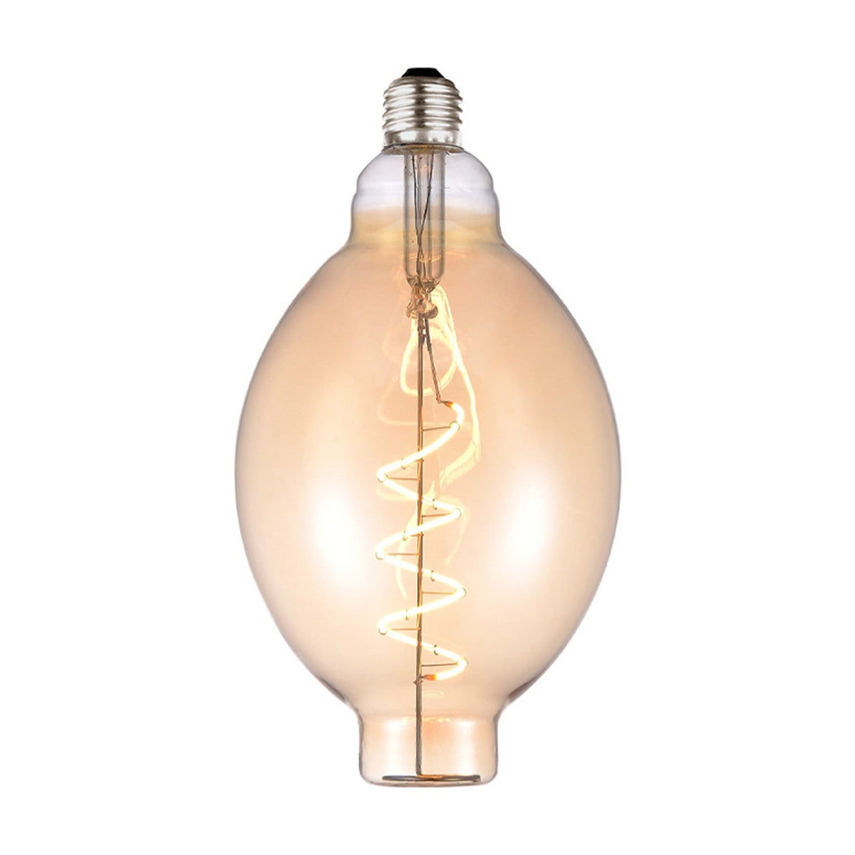 Colors Bubbles E27 2W LED filament bulb in amber glass, tall oval shape with spiral filament and silver screw cap, on a white background.