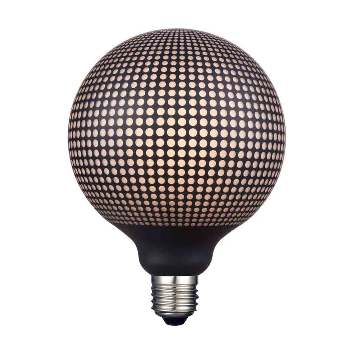 Dots 6W 3-Step Print Bulb, a large round E27 globe in smoke glass with an all-over black dot halftone pattern and warm opal glow, shown on a plain white background.