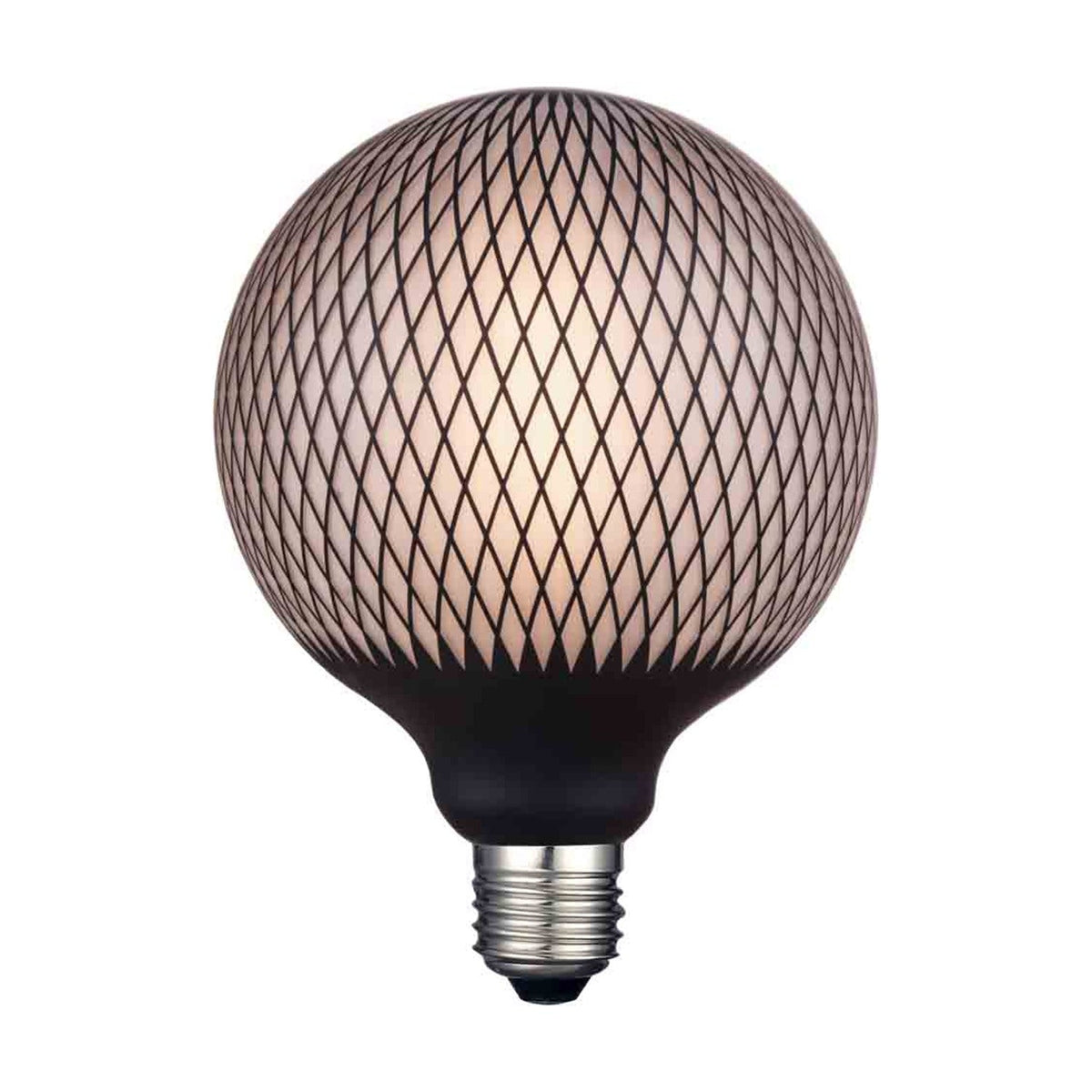 Colors Diamond 6W 3-Step Print Bulb in smoke glass, a large globe with a black diamond mesh pattern over warm opal glass, matt black neck and E27 fitting, shown on a plain white background.