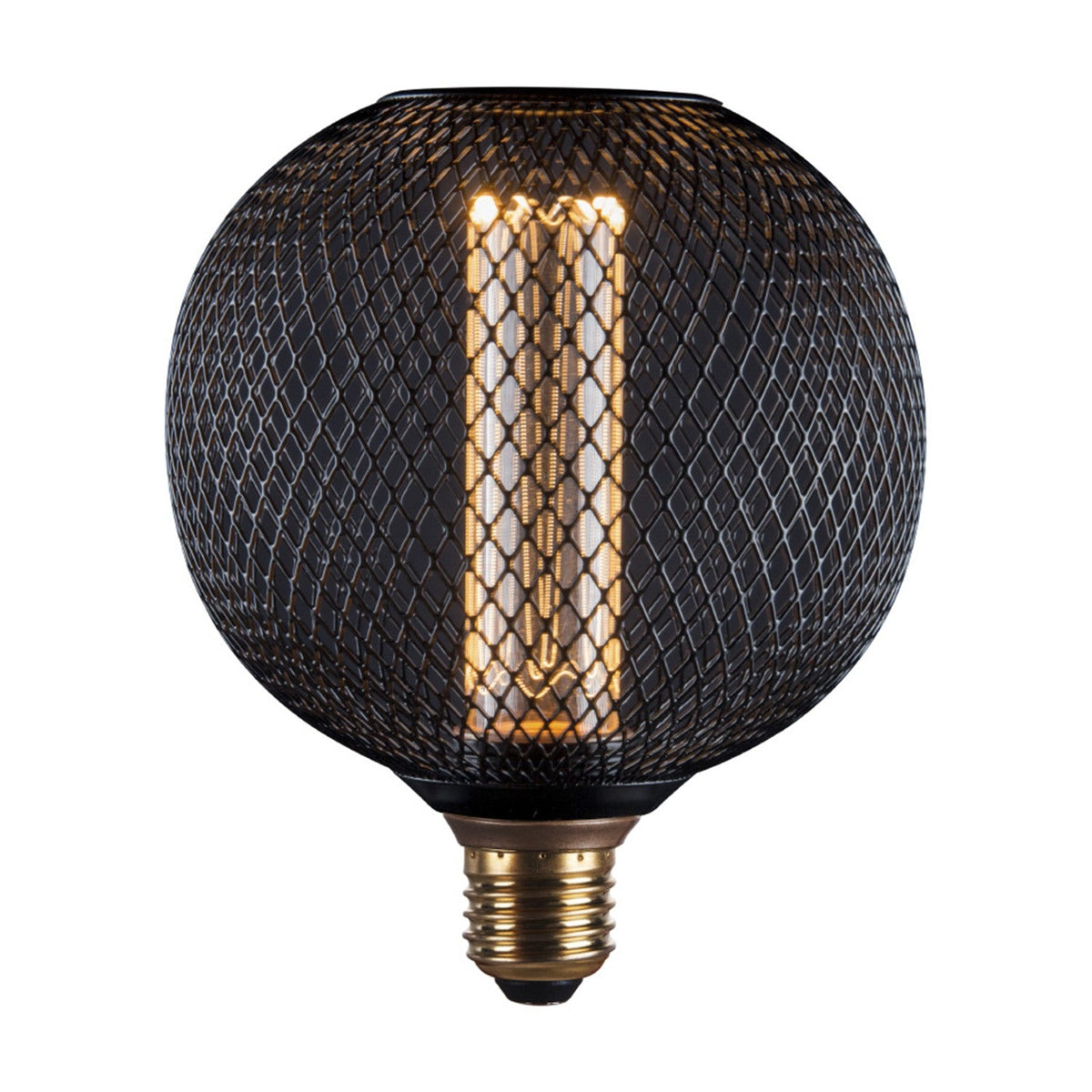 Colors Gitter Bulb 125mm in black wire mesh with an E27 brass fitting and a tall LED filament glowing through the diamond weave, shown on a plain white background.