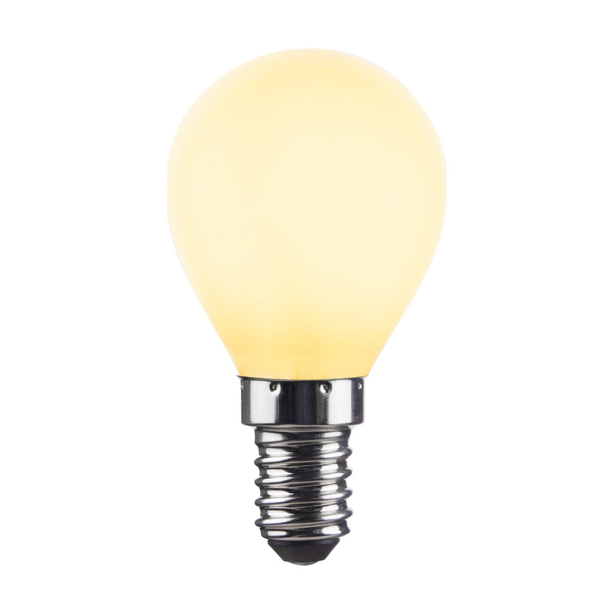 Colors Mini Crown E14 3-Step Memory Bulb in opal white glass with a rounded golf-ball shape and silver ribbed E14 screw cap, shown on a plain white background.