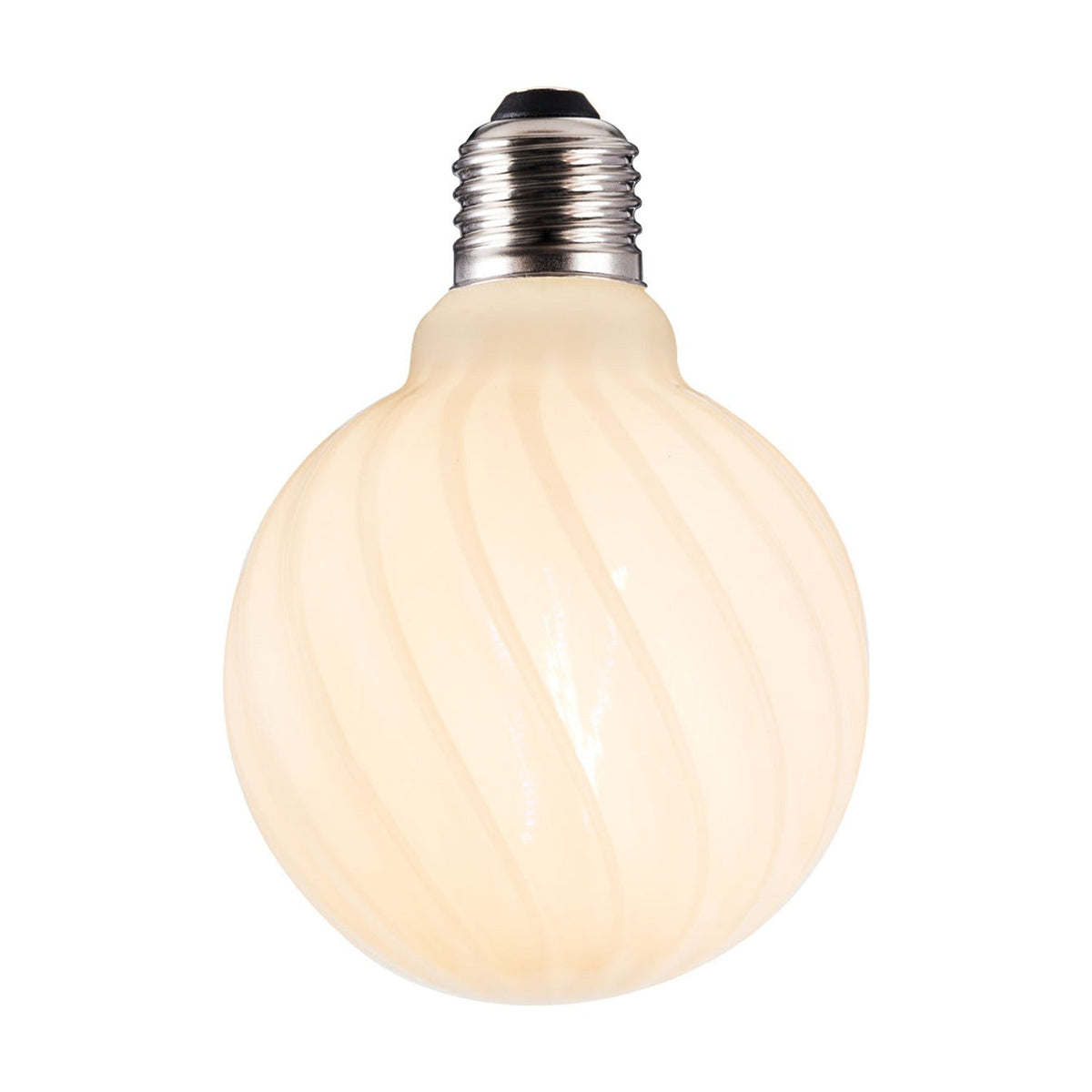 Colors Twist 5W 3-Step Memory Bulb, 95mm globe in opal white glass with a twisted flute pattern, E27 fitting, shown on a plain white background.