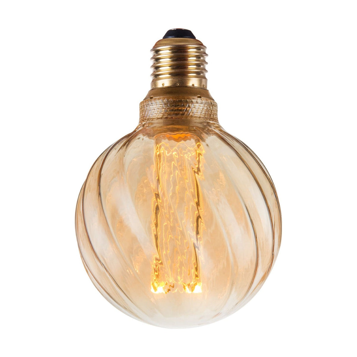 Colors Twist 5W 3-Step Memory Bulb 95mm in amber glass with a twisted, ribbed globe shape, brass-tone E27 screw cap, and visible LED filament lit against a plain white background.