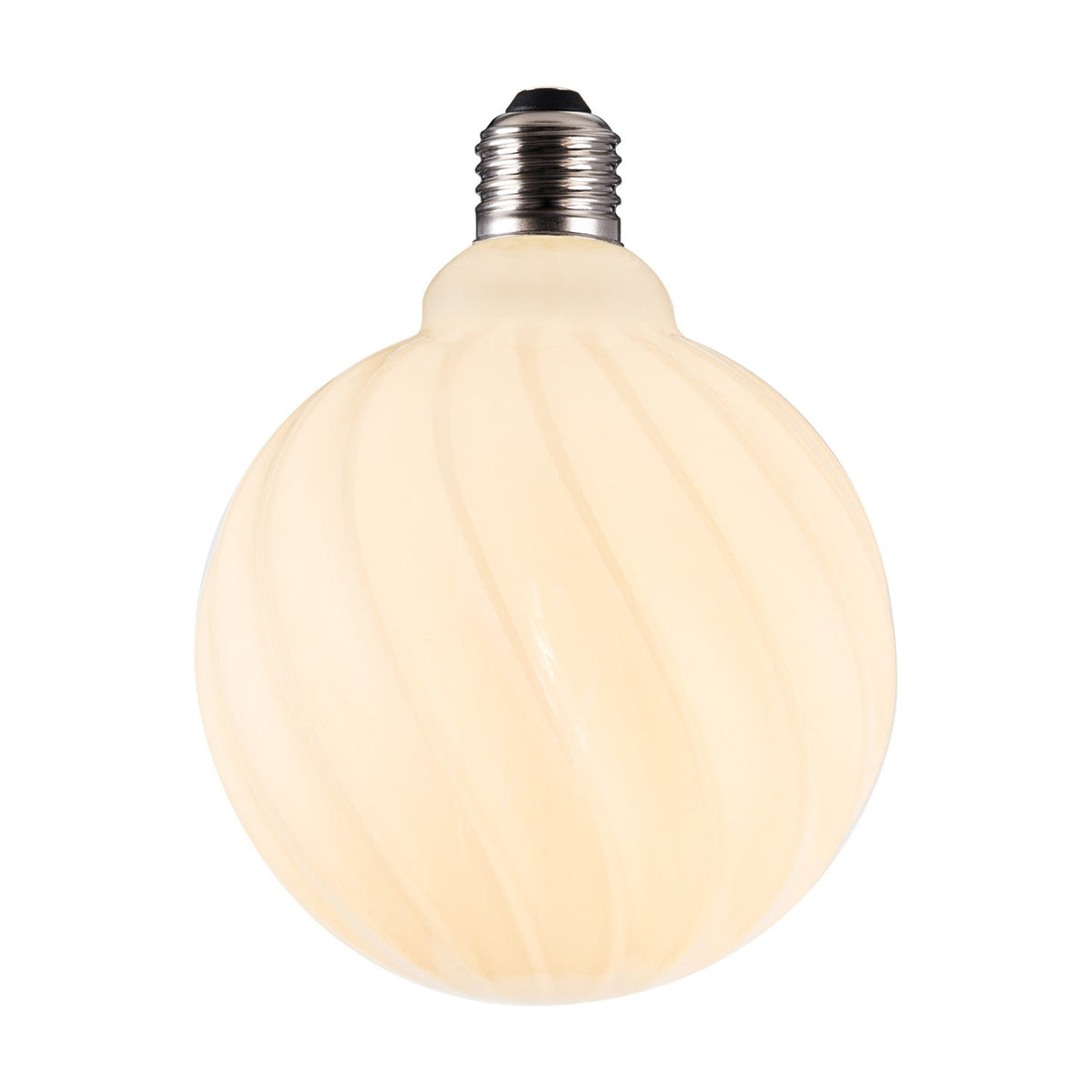 Colors Twist 5W 3-Step Memory Bulb 125mm in opal white glass with a spiralling twisted-flute ribbed pattern and E27 metal screw fitting, shown on a plain white background.