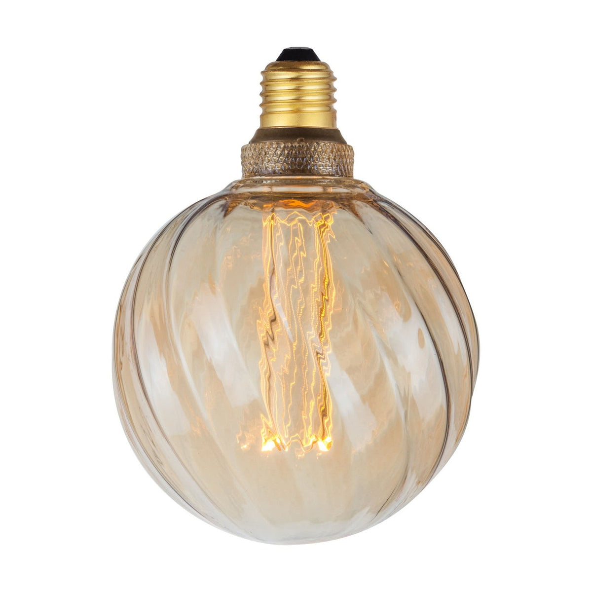 Colors Twist 5W 3-Step Memory Bulb, 125mm globe in amber glass with twisted fluted ribs, E27 brass fitting, glowing filament visible, shown on a plain white background.