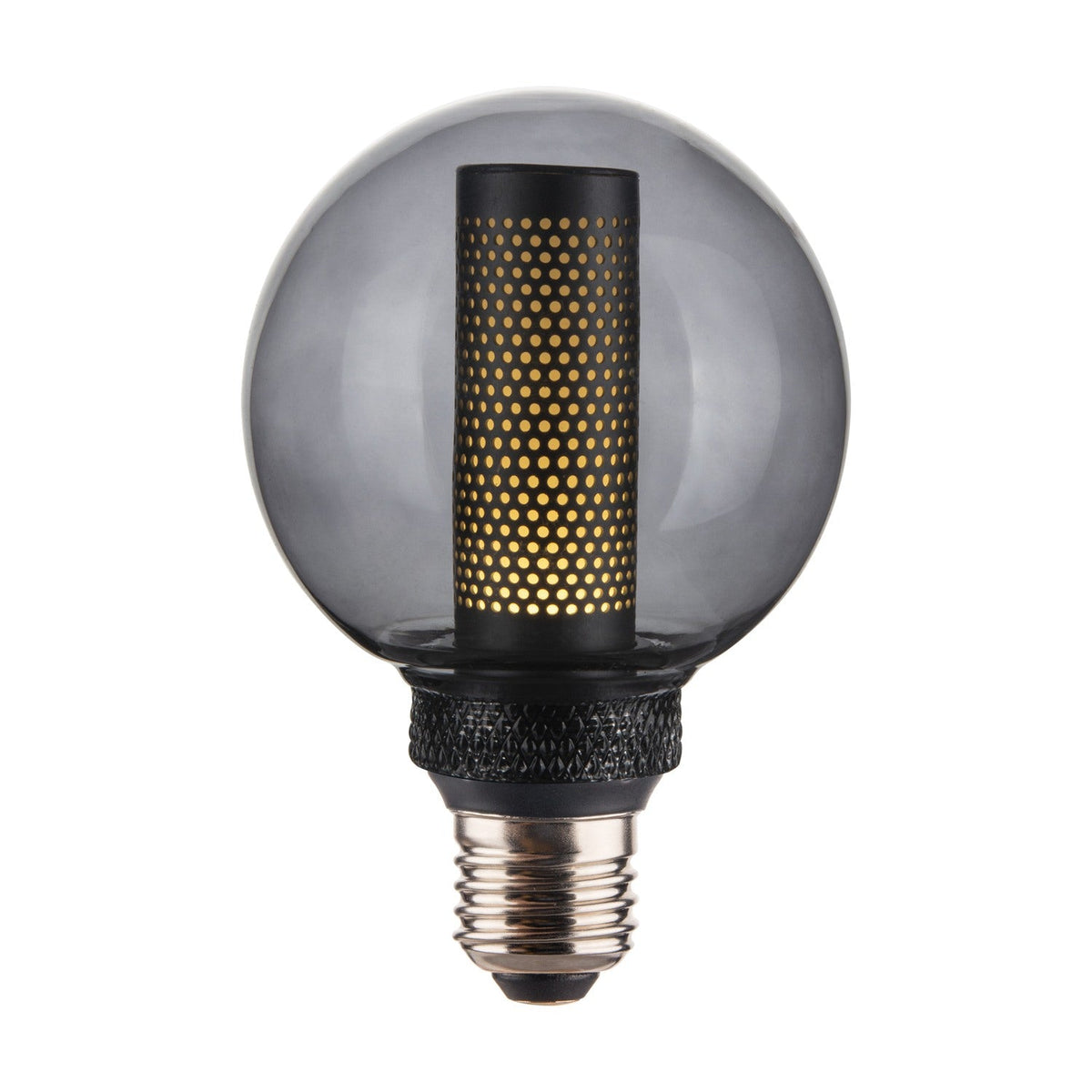 Colors Core 3-Step Memory Bulb 80mm in smoke glass with a black perforated sleeve emitting a grid of warm light dots, E27 fitting, shown on a plain white background.
