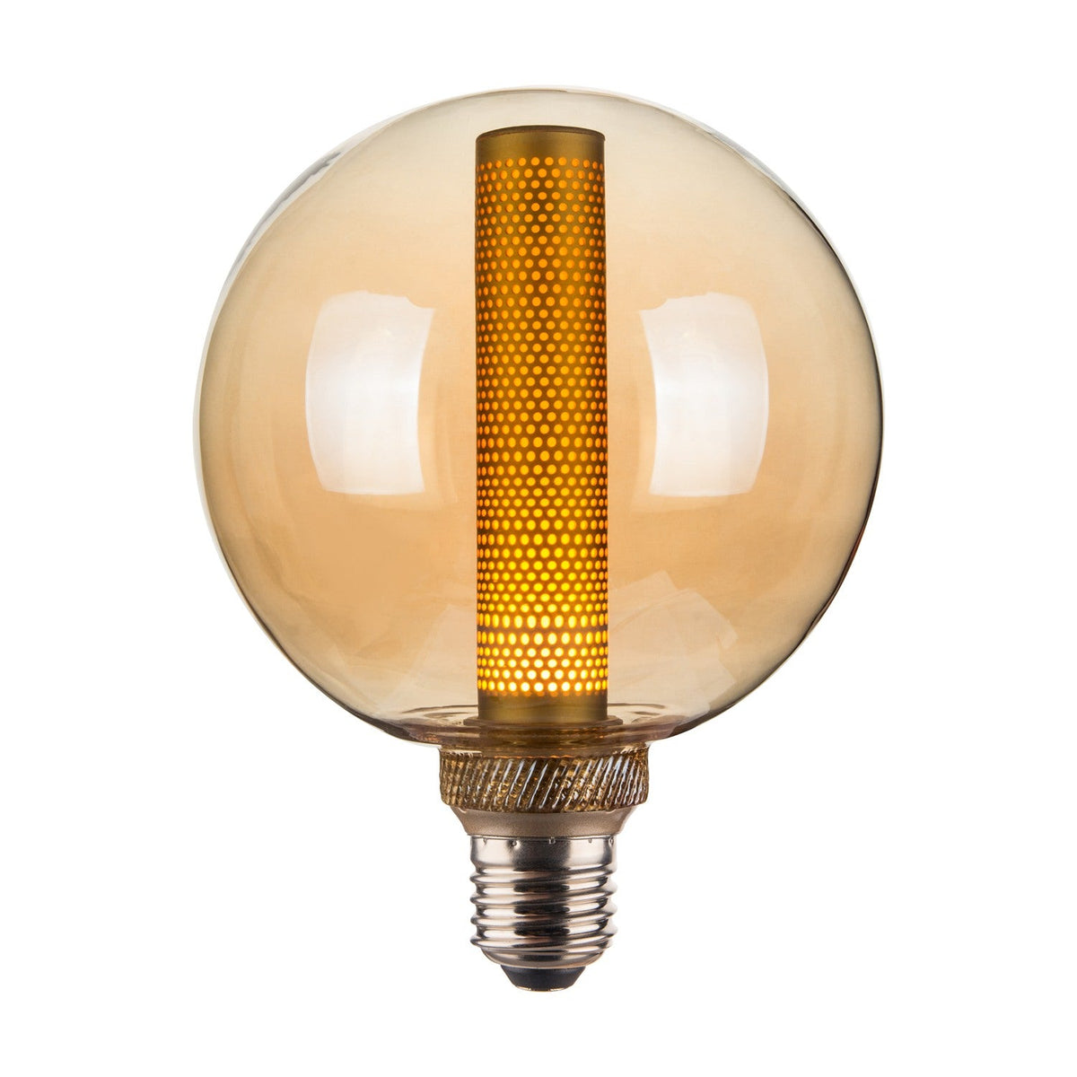 Colors Core 3-Step Memory Bulb 125mm in amber glass, a large round E27 lamp with a perforated cylindrical sleeve glowing as a grid of dots, shown on a plain white background.