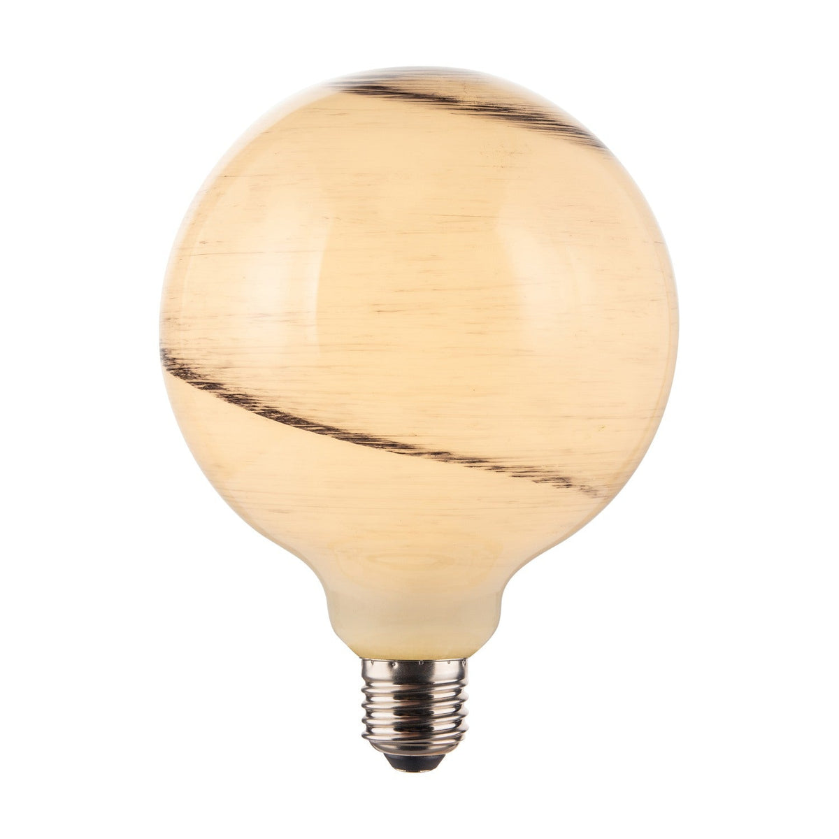 Stockholm 7W E27 bulb in marble grey glass, large round globe with cream tones and sweeping dark grey brushed bands, silver screw cap, shown on a plain white background.