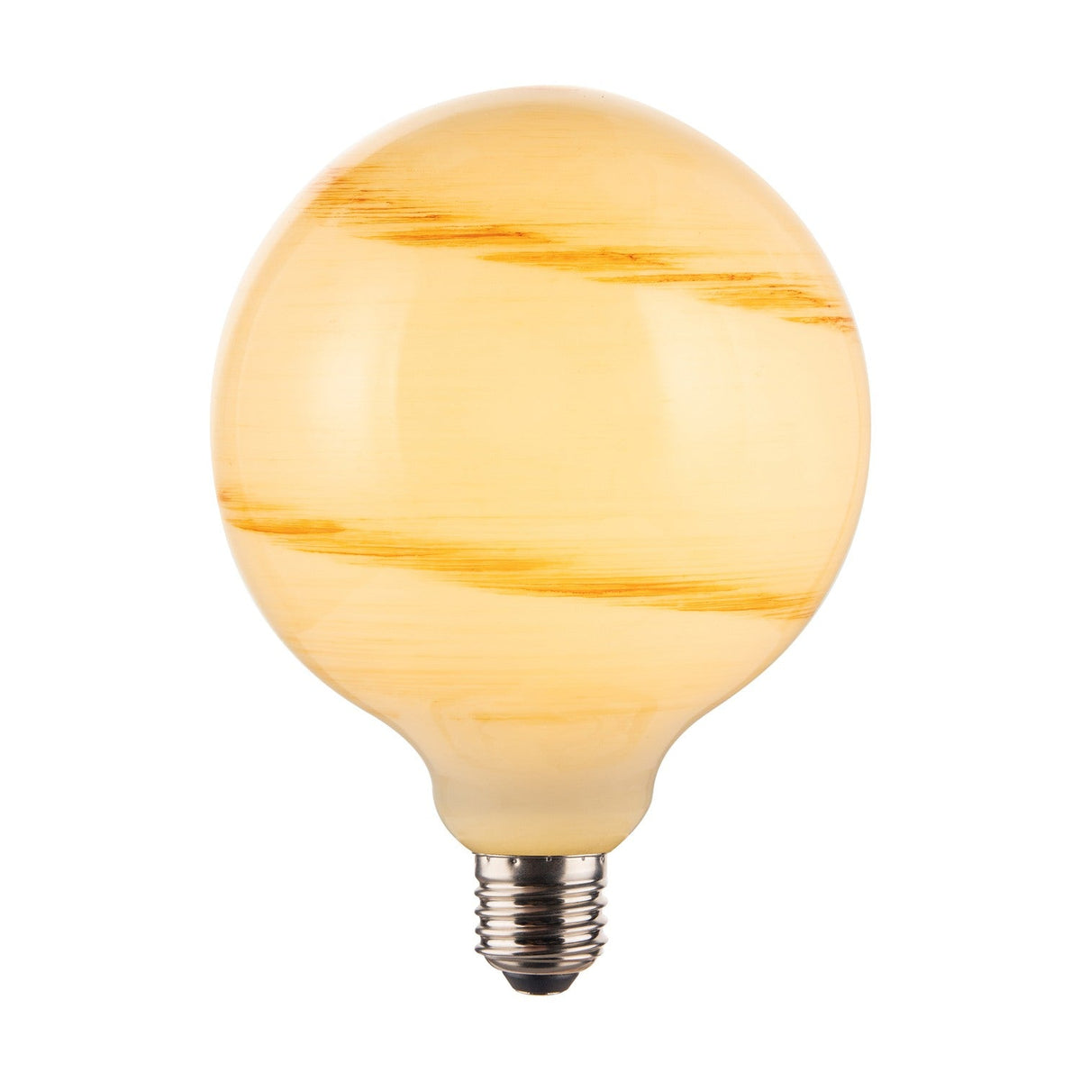 Stockholm 7W Bulb in marble brown glass, a large round E27 globe with cream and amber marbled streaks and a silver screw cap, shown on a plain white background.
