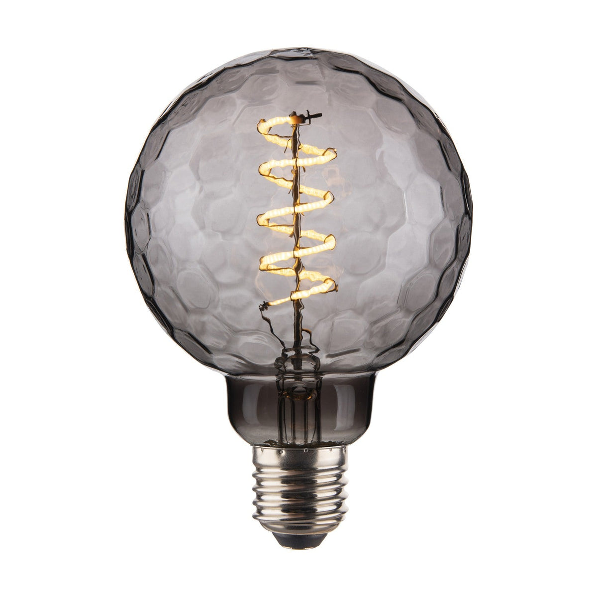 Colors Geo 3-Step Memory Bulb 95mm in smoked grey glass with faceted honeycomb surface, spiral LED filament, E27 base, on a plain white background.