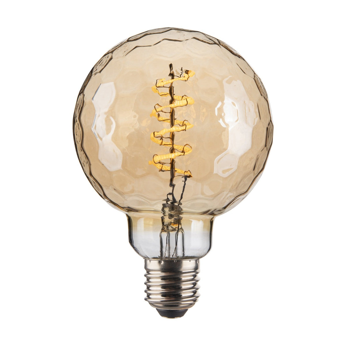Colors Geo 3-Step Memory Bulb 95mm in amber glass with faceted honeycomb surface, spiral LED filament visible, clear collar, and E27 fitting on a white background.