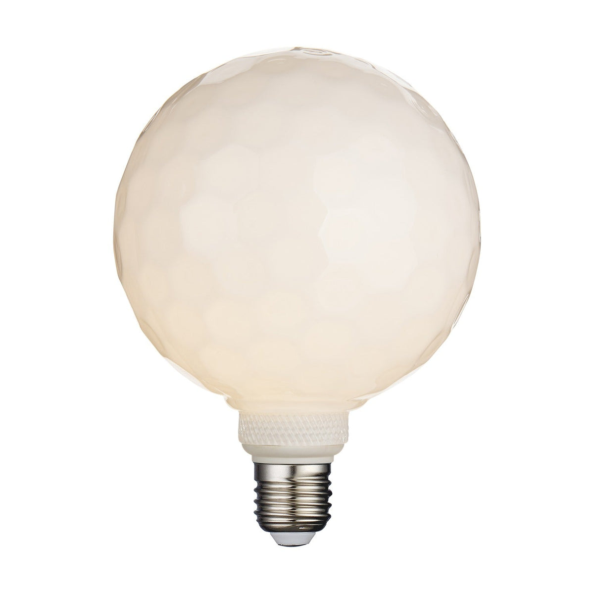 Colors Geo 3-Step Memory Bulb 125mm in opal white glass, a large round E27 bulb with a faceted, softly hammered surface and silver screw cap, shown on a plain white background.