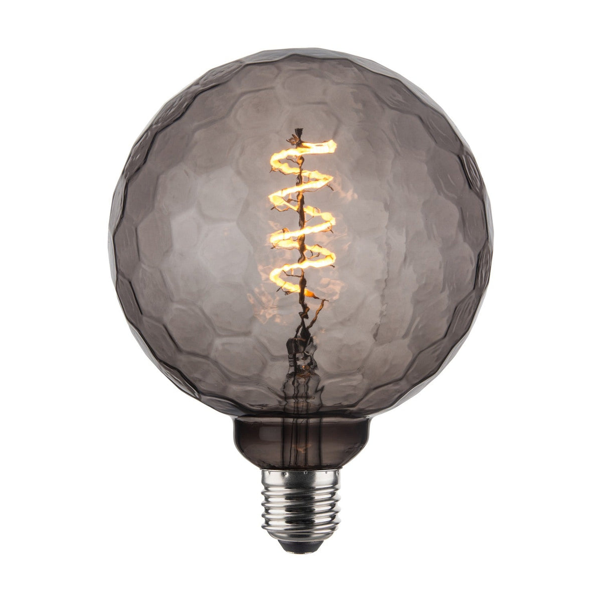 Colors Geo 3-Step Memory Bulb 125mm in smoke glass, a honeycomb-faceted round E27 bulb with a spiral filament, shown lit on a plain white background.