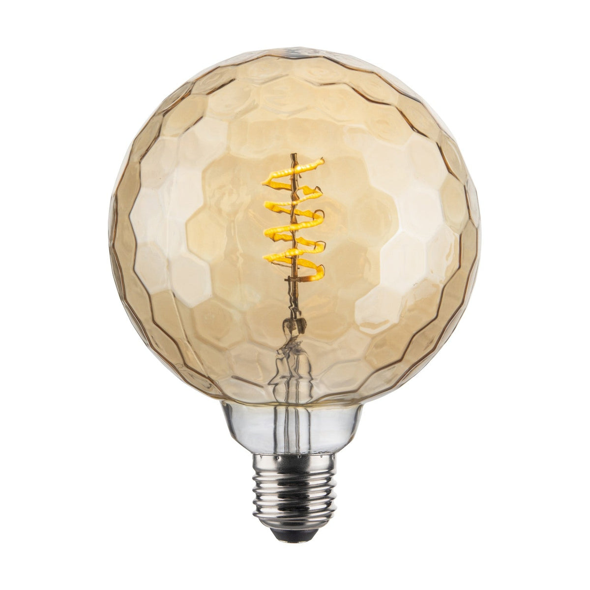 Colors Geo 3-Step Memory Bulb 125mm in amber glass with a honeycomb-faceted globe, spiral filament, and E27 fitting, shown on a plain white background.