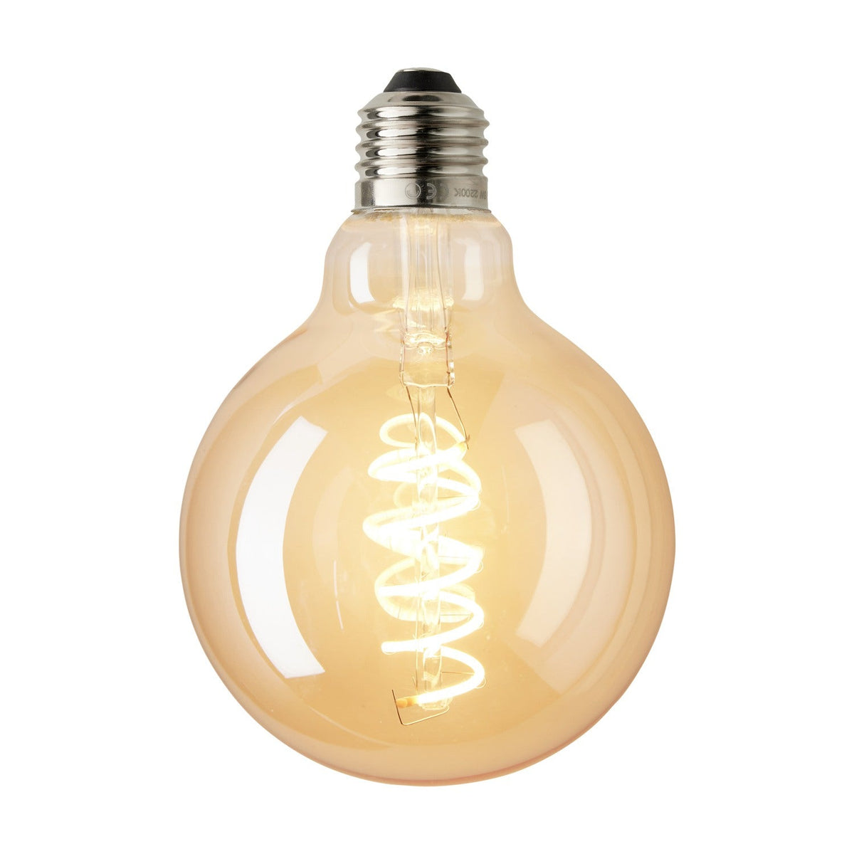 Colors Deko G95 LED bulb in amber glass with a round shape, visible spiral filament, and silver E27 screw cap, shown against a plain white background.