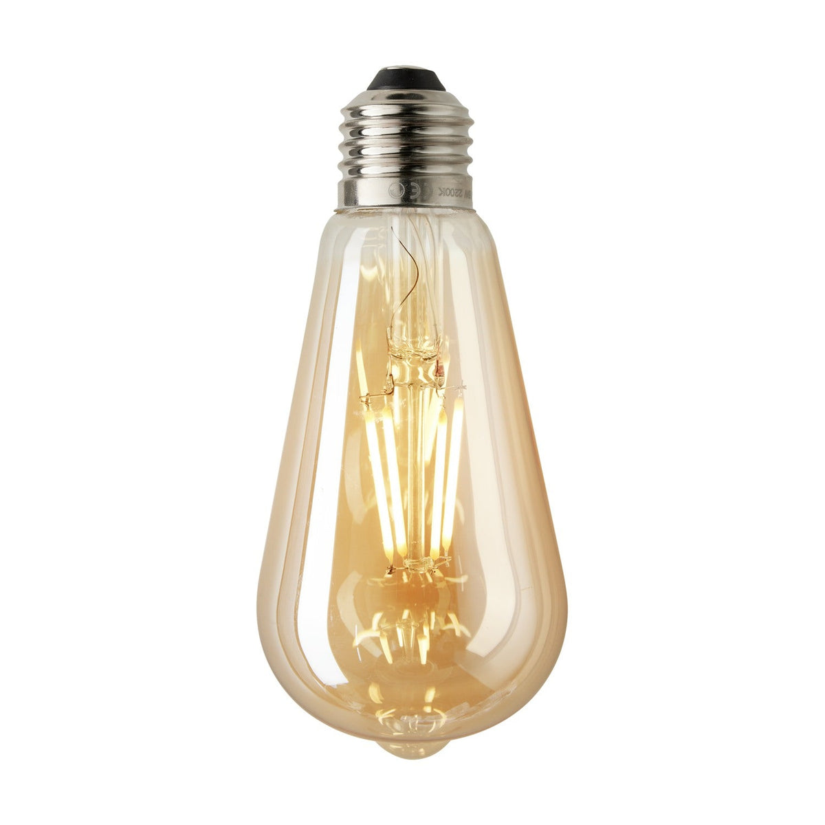 Colors Deko Drop Bulb in amber glass, teardrop shape with visible upright filaments and a ribbed silver E27 screw cap, shown lit against a plain white background.