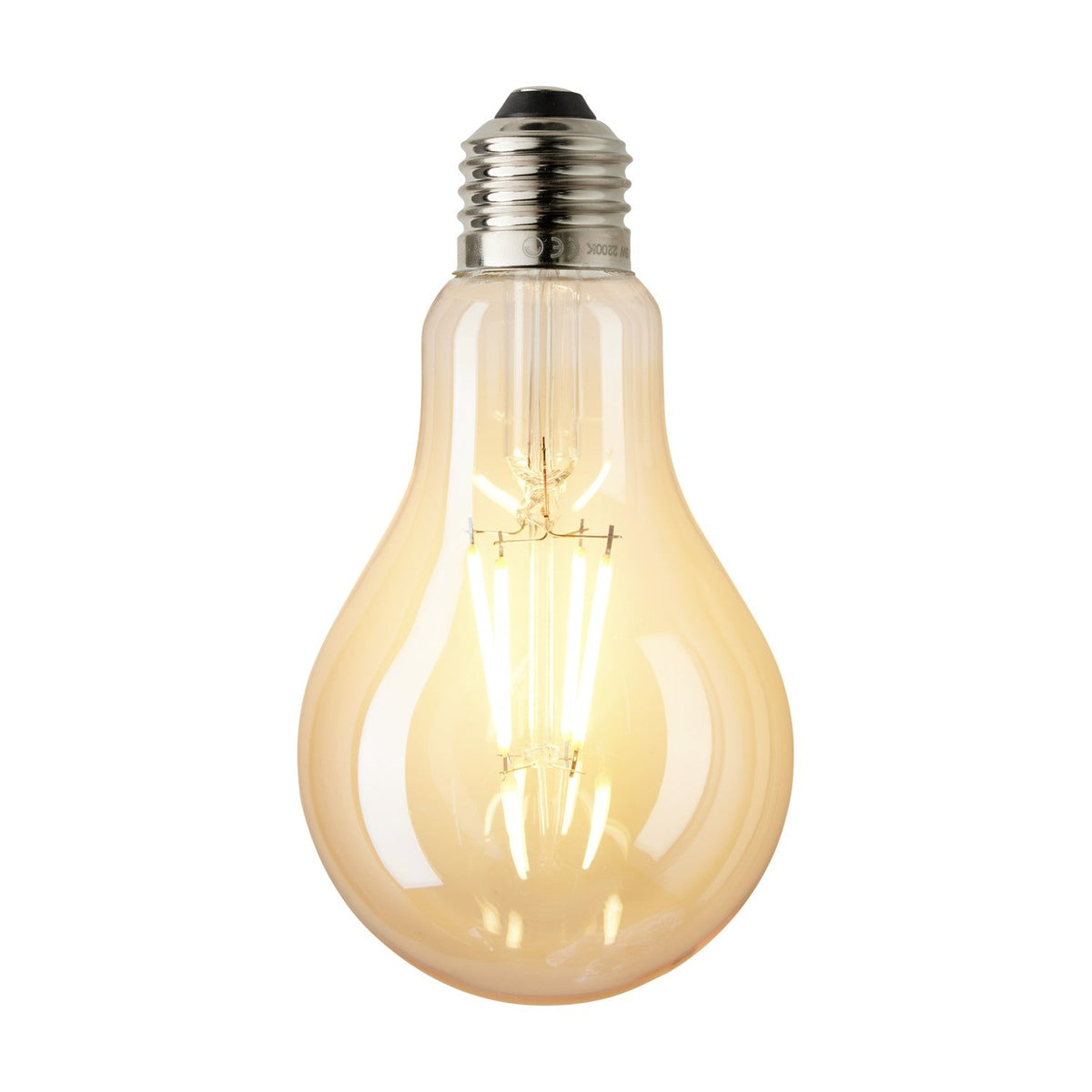 Colors Deko A75 Decorative Bulb in amber glass with a pear-shaped body, visible upright filament bundle, and silver E27 screw cap, shown lit against a plain white background.
