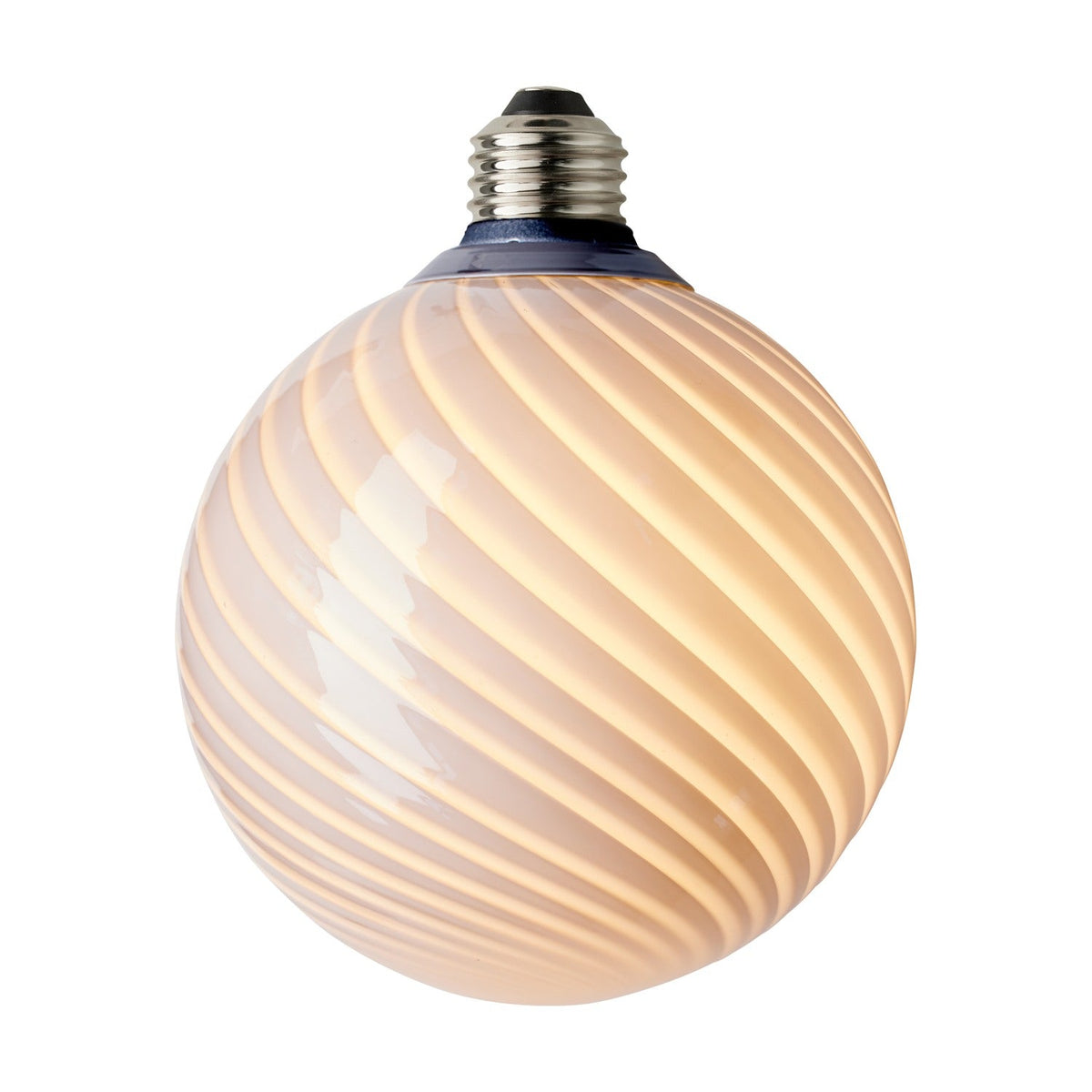 Colors Candy Bulb 12.5cm in grey, a round LED globe with twisted spiral ribs, soft diffusing glass, dark blue collar, and E27 metal fitting on a white background.