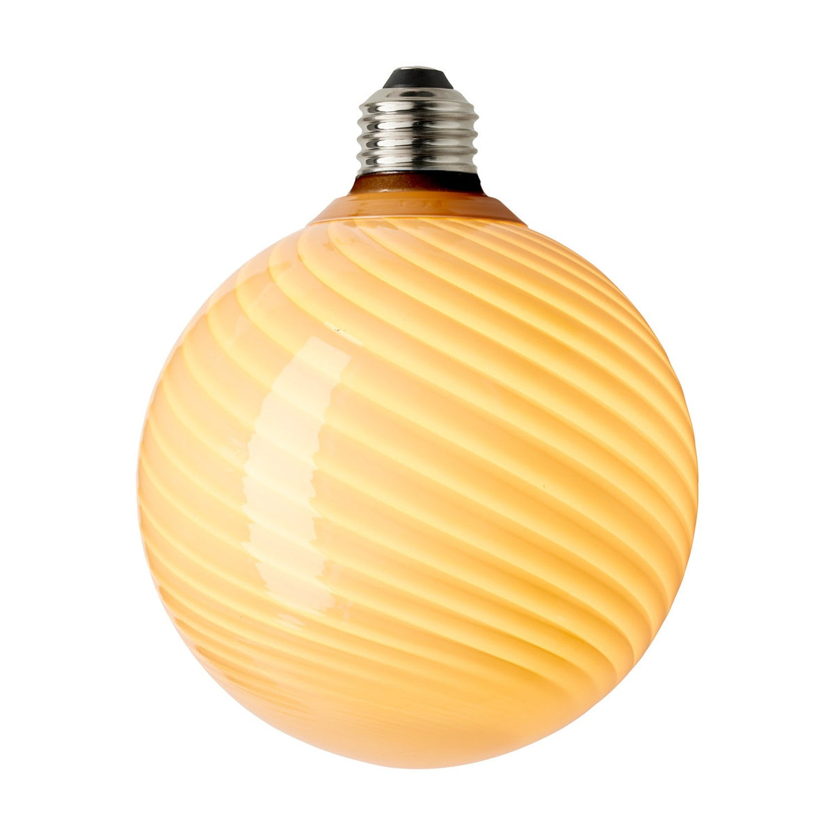 Colors Candy Bulb 12.5cm in orange glass, a round LED bulb with twisted flute ribs spiralling from neck to base, silver E27 screw fitting, on a plain white background.