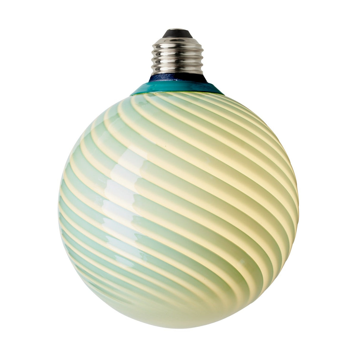 Colors Candy Bulb 12.5cm in turquoise, a round LED globe with twisted flute ribs spiralling from a teal collar to the base, shown on a plain white background.