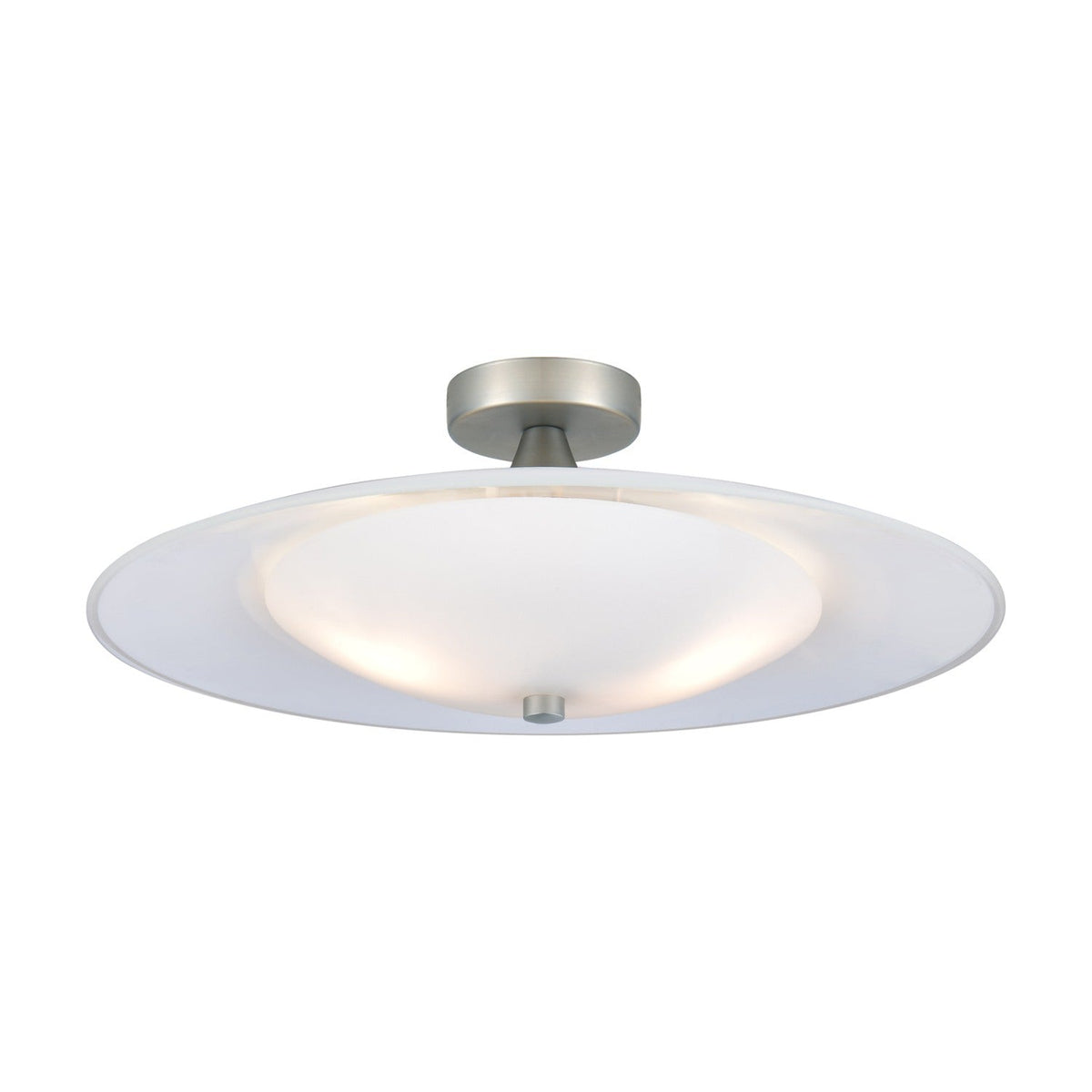 Baroni Aluminium Flush Ceiling Light 46cm in Opal, a wide shallow white dish with an inner opal glass bowl glowing warm, brushed steel finial and mount, shown on a plain white background.