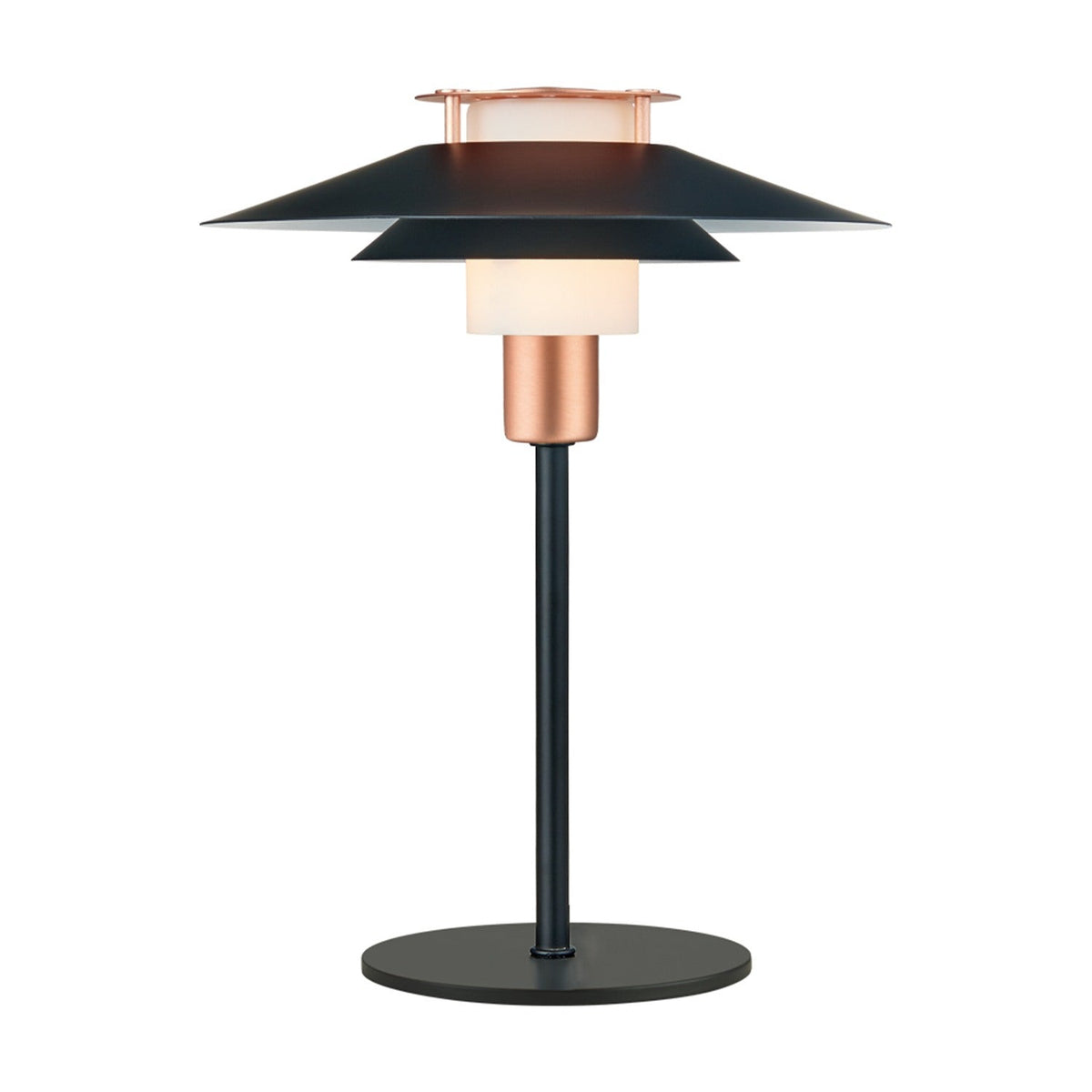 Rivoli 24cm table lamp in black and copper, with tiered black metal shades over an illuminated opal glass drum on a slim black stem and round base, shown on a white background.