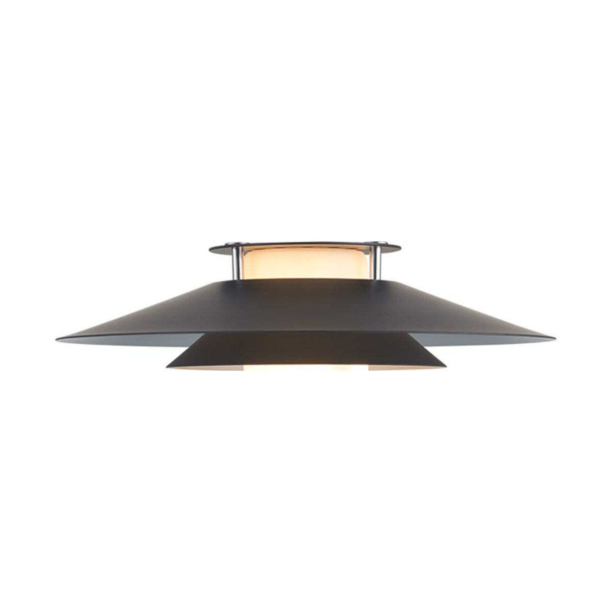 Rivoli Table Lamp 24cm in black and chrome, with two stacked flat black metal plates over an opal glass drum and chrome collar, shown lit against a plain white background.