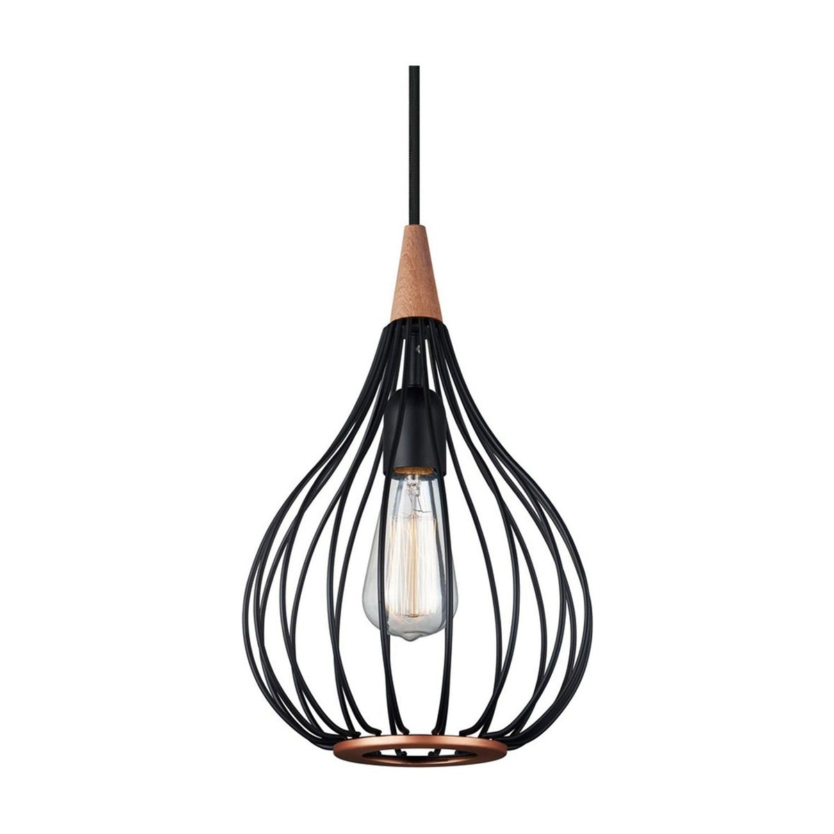 Drops Pendant Light 23cm in black and dark wood, teardrop-shaped open wire cage with copper base ring, exposed E27 bulb, on a white background.