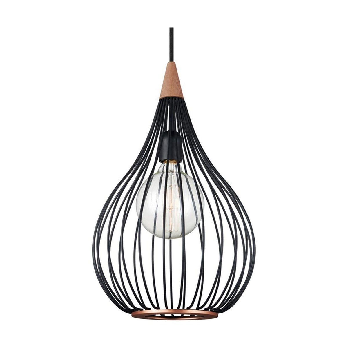 Drops Pendant Light 30cm, a teardrop-shaped black wire cage with copper base ring and dark wood top collar, exposed E27 bulb visible inside, on a plain white background.