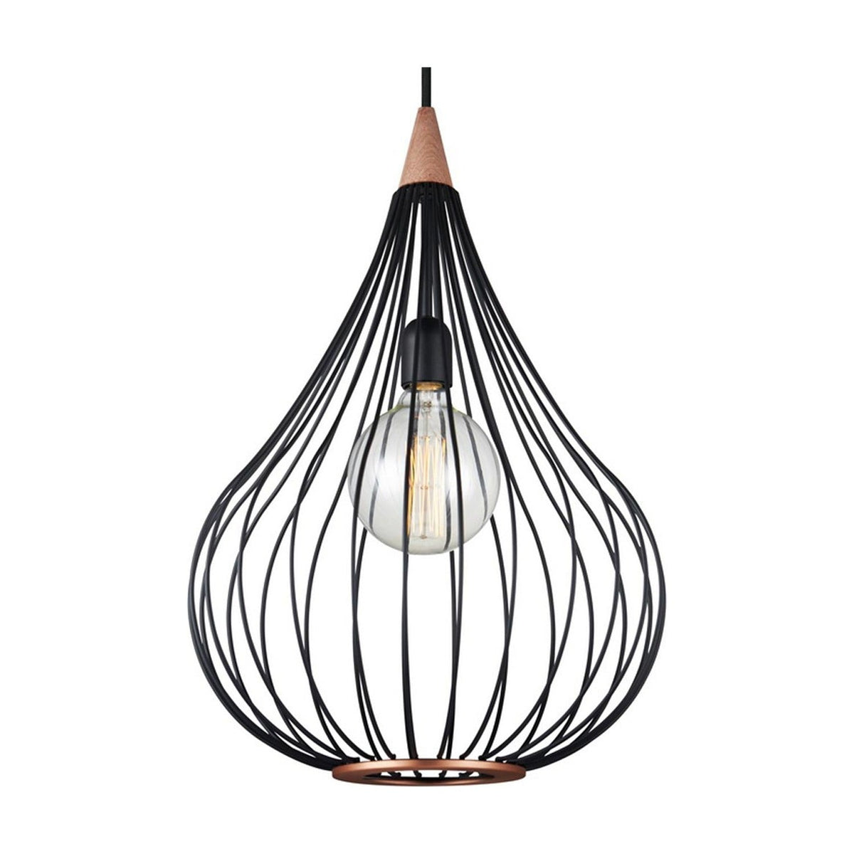 Drops Pendant Light 38cm in black wire forming an open teardrop cage with copper base ring, pale wood ceiling cap, and exposed E27 bulb, shown on a white background.
