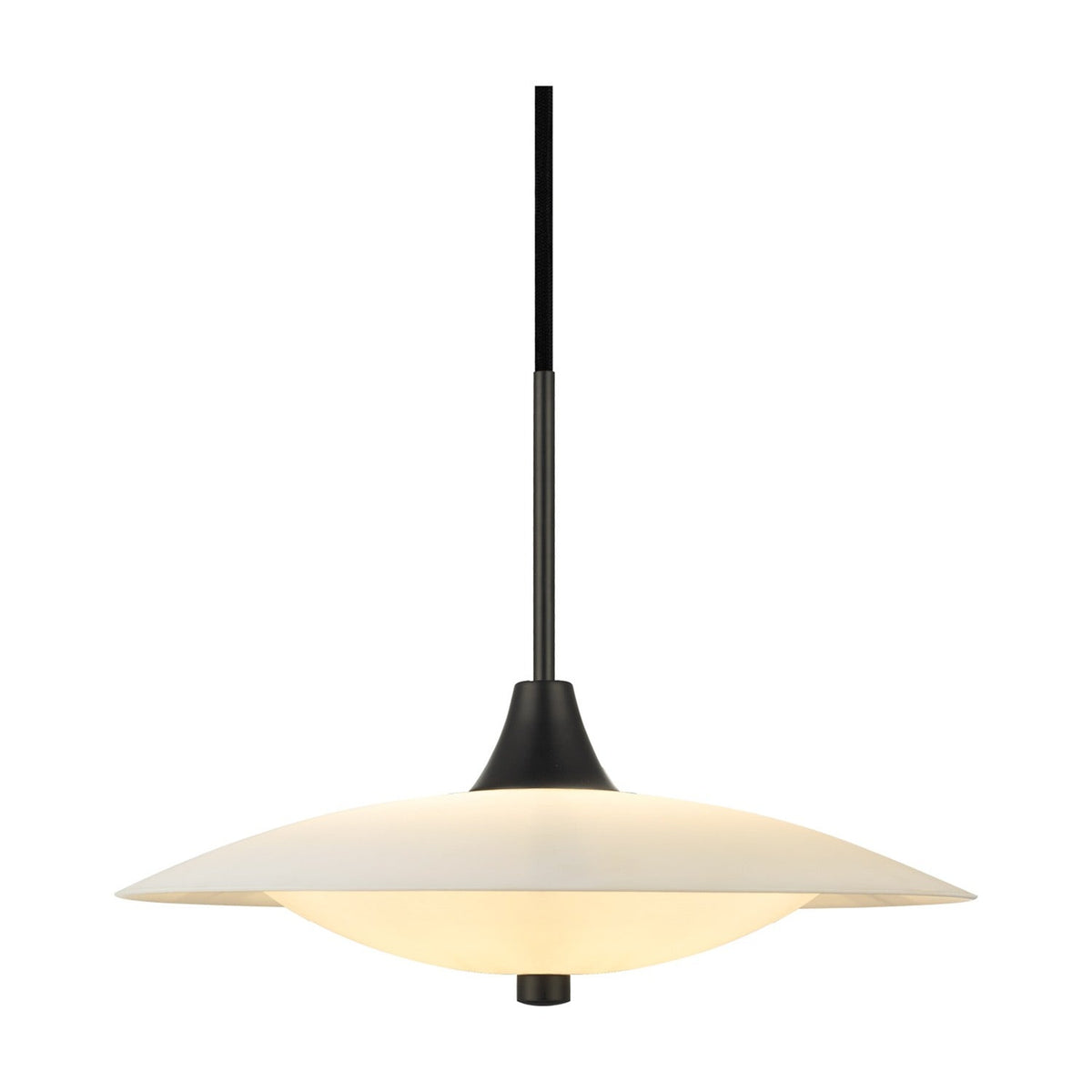 Baroni Glass Pendant Light 35cm in opal and black, wide shallow dish over a glowing opal glass bowl with black finial, hung from a slim black rod on a white background.